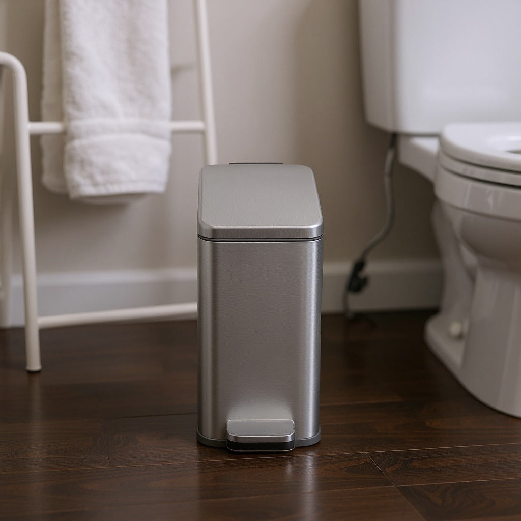 Bathroom Trash Can & Toilet Brush Set, 1.3 Gallon Slim Lid Step Bin with Soft Close - Small Space, Brushed Stainless Steel,Silver