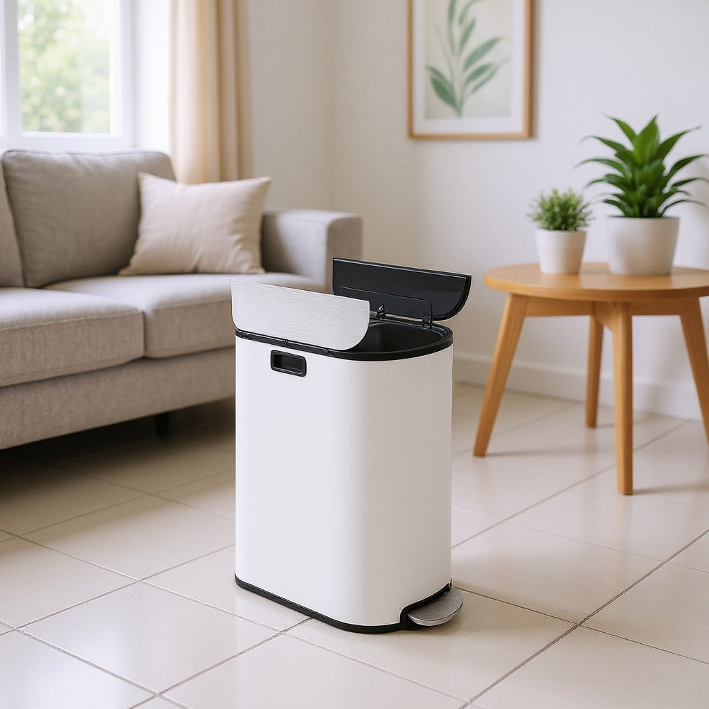 Dual Compartment Kitchen Trash Can, 13-Gallon Wing Lid Recycling Bin, Soft-Close & Dog-Proof Design - Stainless Steel,Cloud White and Metallic Silver