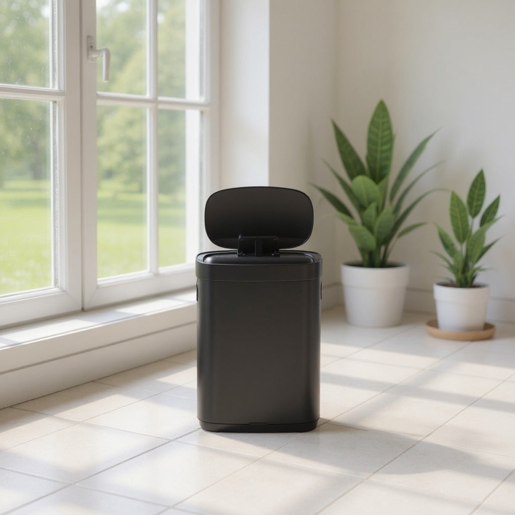 Motion Sensor Kitchen Trash Can, 17.2-Gallon Automatic Stainless Steel Garbage Bin with Ozone Odor Control and Stay-Open Lid, Ink Black