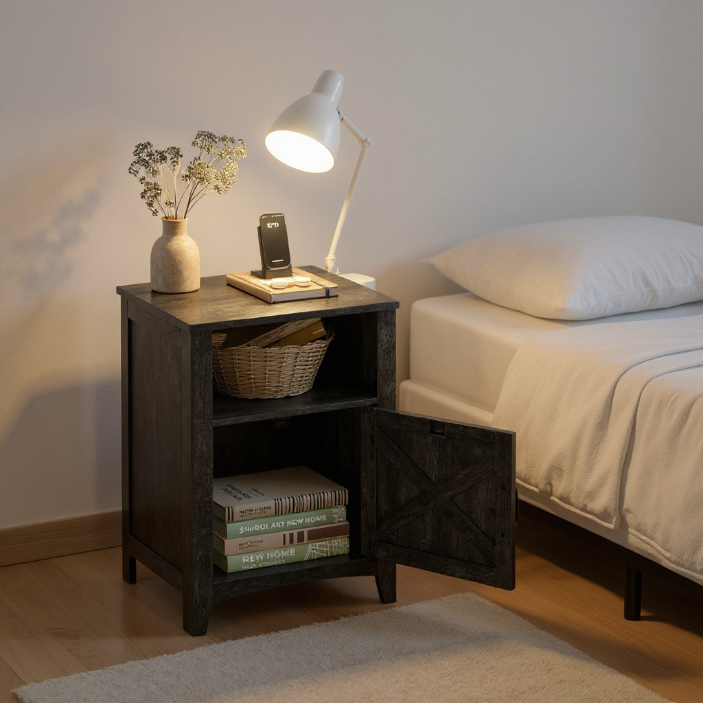Farmhouse Nightstand, Set of 2, Barn Door & Open Shelf, Versatile Bedside Table with Storage, Reversible Door, for Bedroom Living Room,Misty Gray
