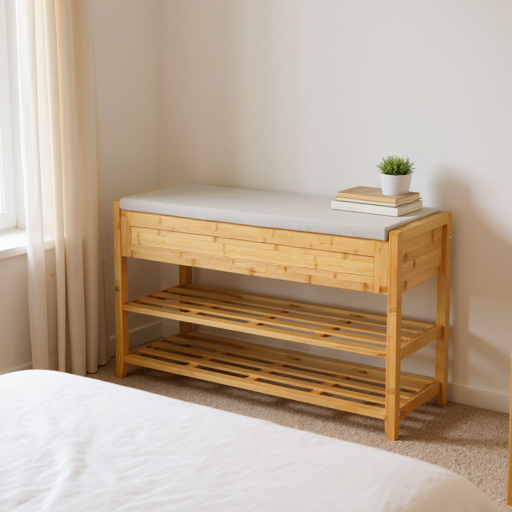Bamboo Storage Bench, 39.4" Wide 2-Tier Shoe Rack with Hidden Compartments & Seat Cushion, Entryway Organizer for Living Room Dorm, Natural Beige