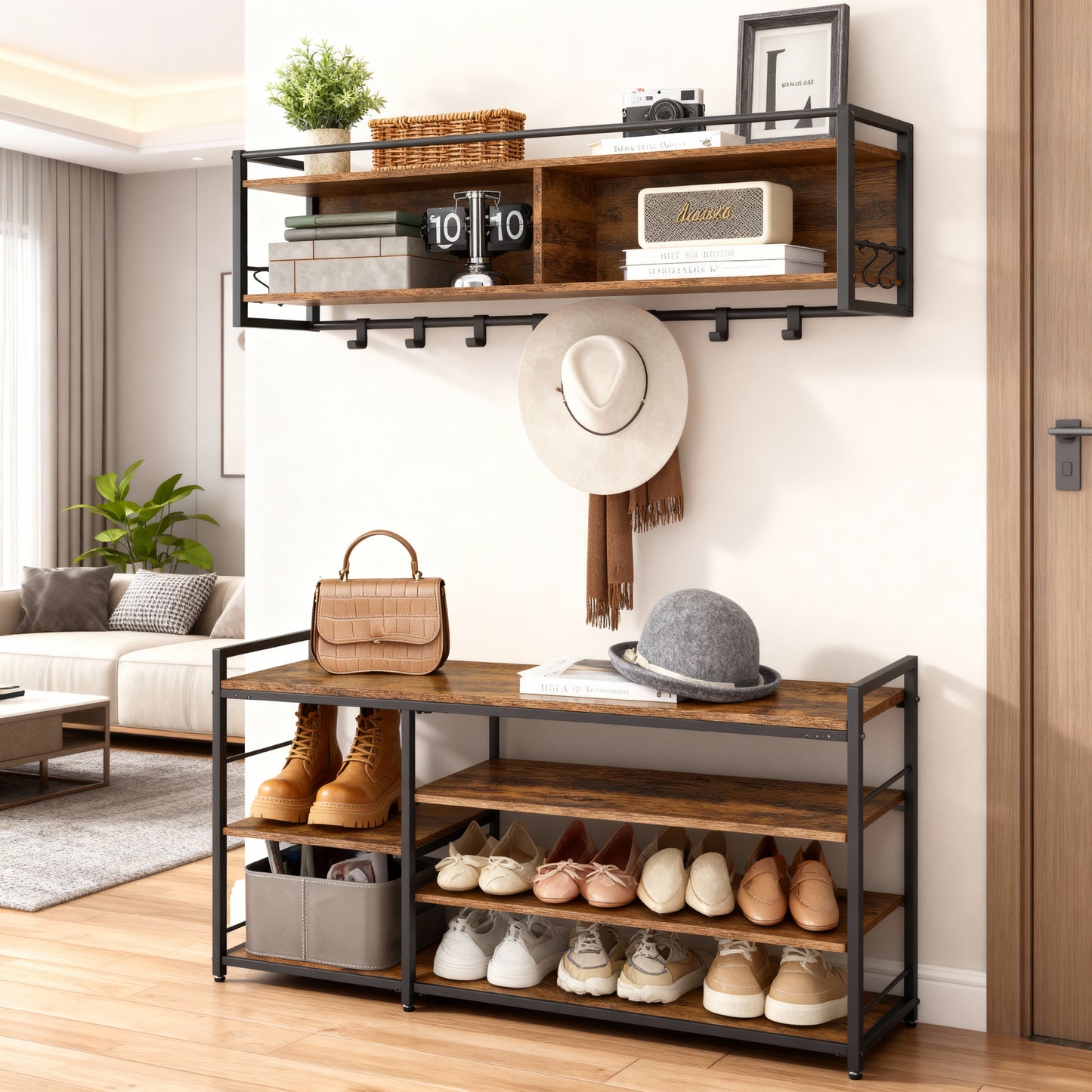 Hall Tree with Shoe Bench, 12-Hook Coat Rack & 4-Tier Shoe Storage, Multifunctional Entryway Organizer, Rustic Brown