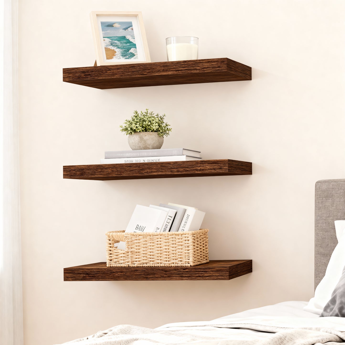 Set of 5 Floating Wall Shelves, 15.7 Inch Rustic Brown Display Shelves with Steel Brackets, Wall Mounted Picture Ledges
