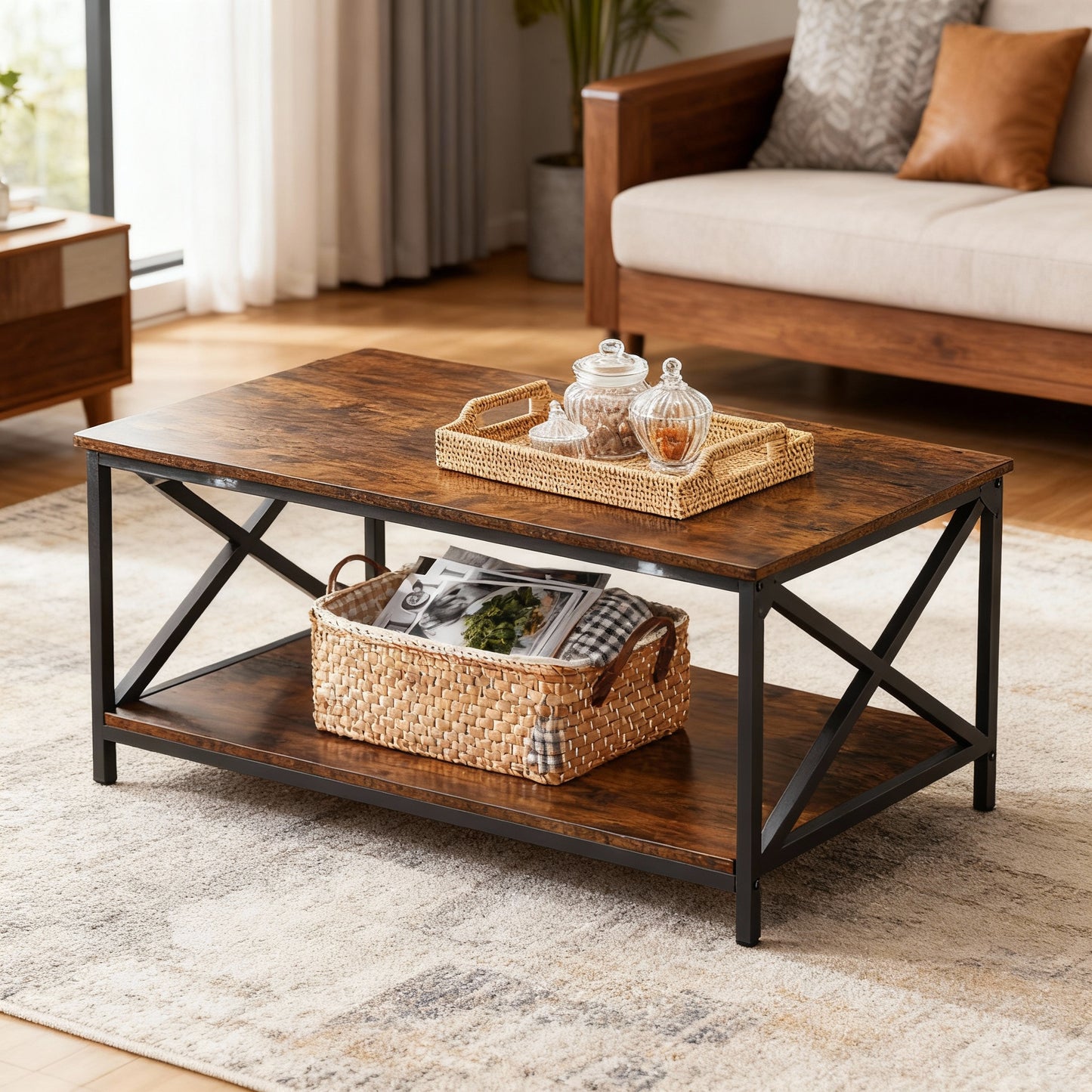 Industrial Farmhouse Coffee Table, 39.4 Inch Cocktail Table with Storage Shelf & X-Shape Steel Frame, Rustic Brown & Black