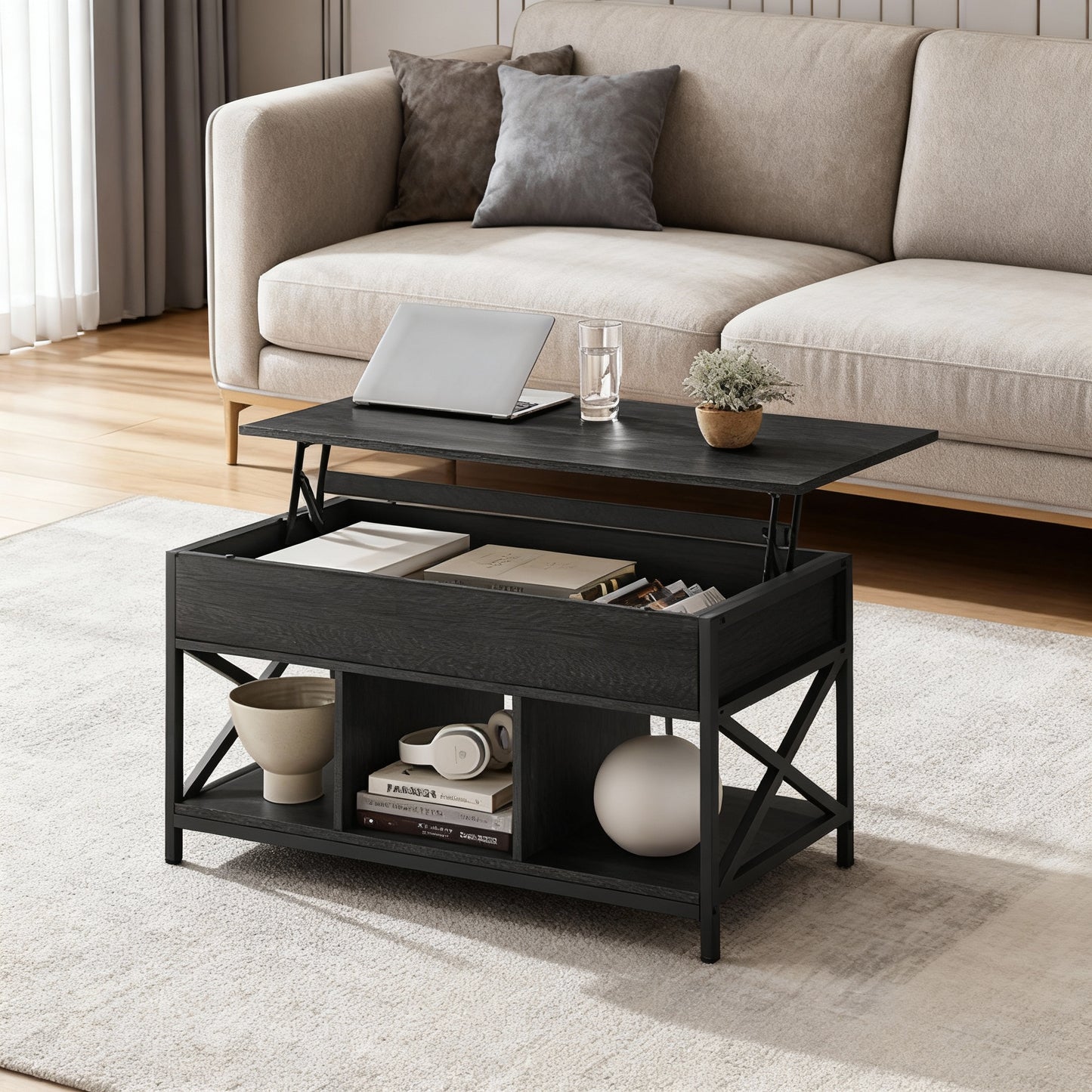 Lift-Top Coffee Table with Storage, 39.4 Inch Adjustable Height Table with Hidden Compartments & Wood Grain Top, Black