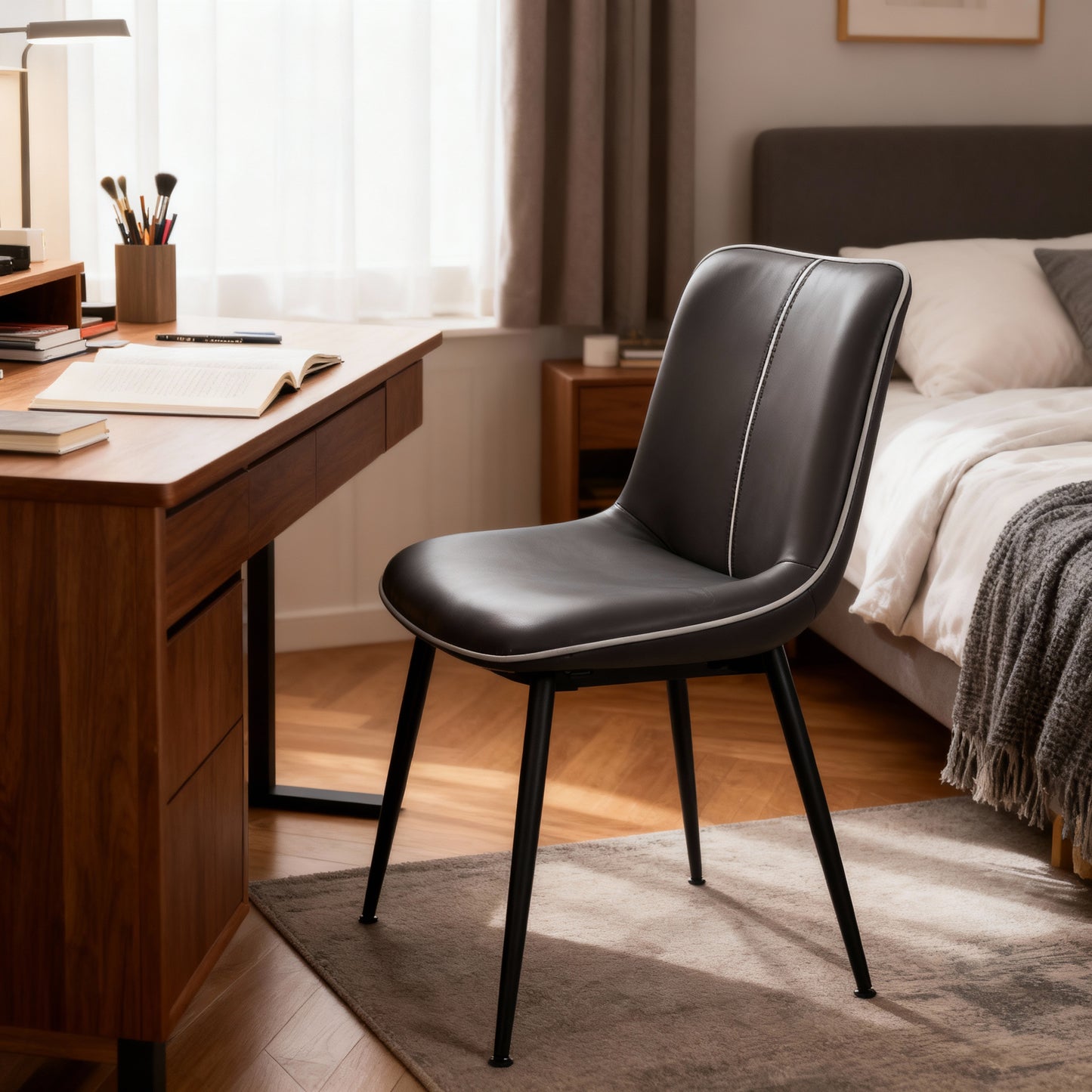 Set of 2 Leather Dining Chairs, Upholstered Swivel Chairs with Ergonomic Backrest & Leveling Feet, Ink Black