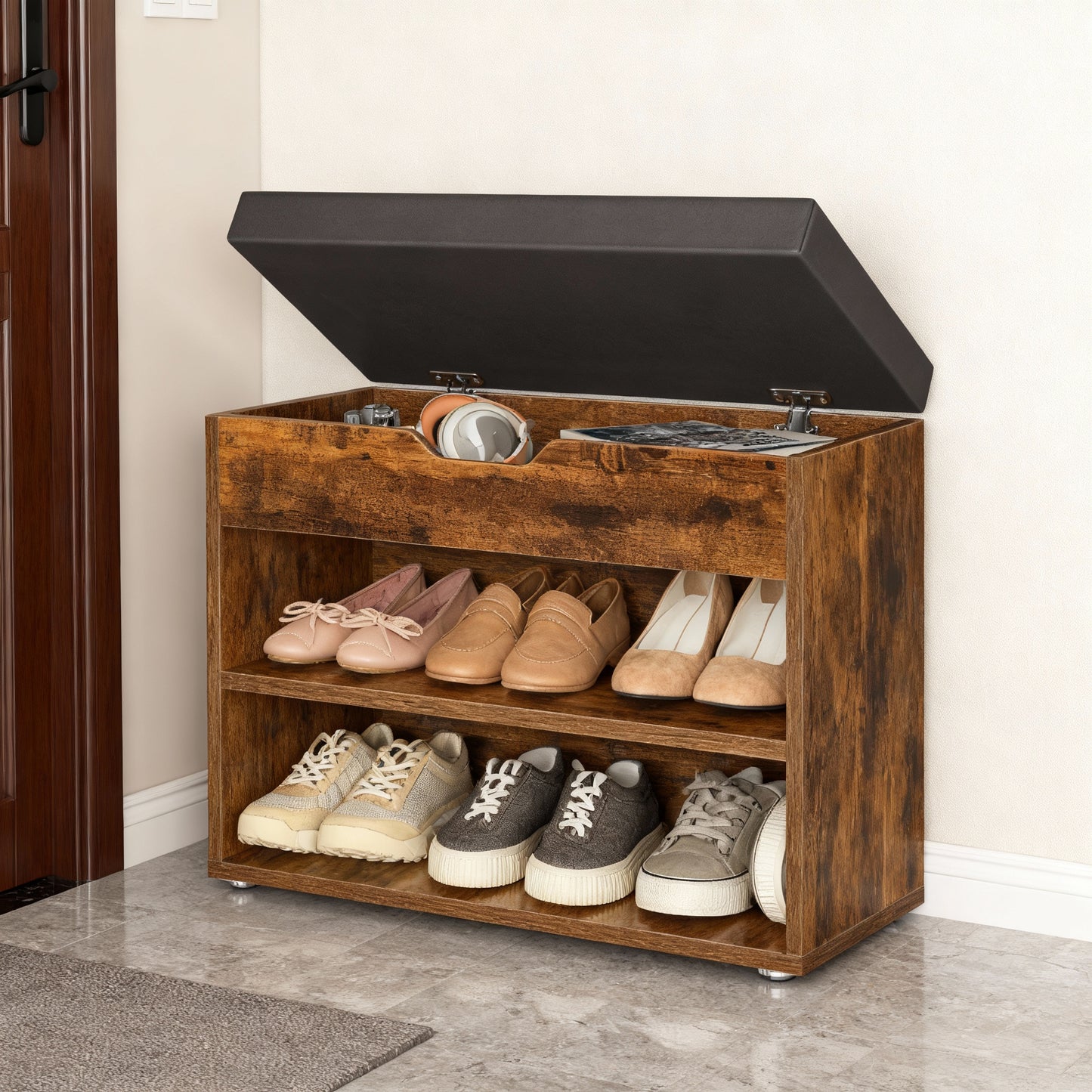 3-in-1 Storage Bench with Lift-up Seat & 2 Shelves, for Entryway Shoe Organization, Sturdy Particleboard, 300 lb Capacity, 11.8 x 23.6 x 17.3 Inches