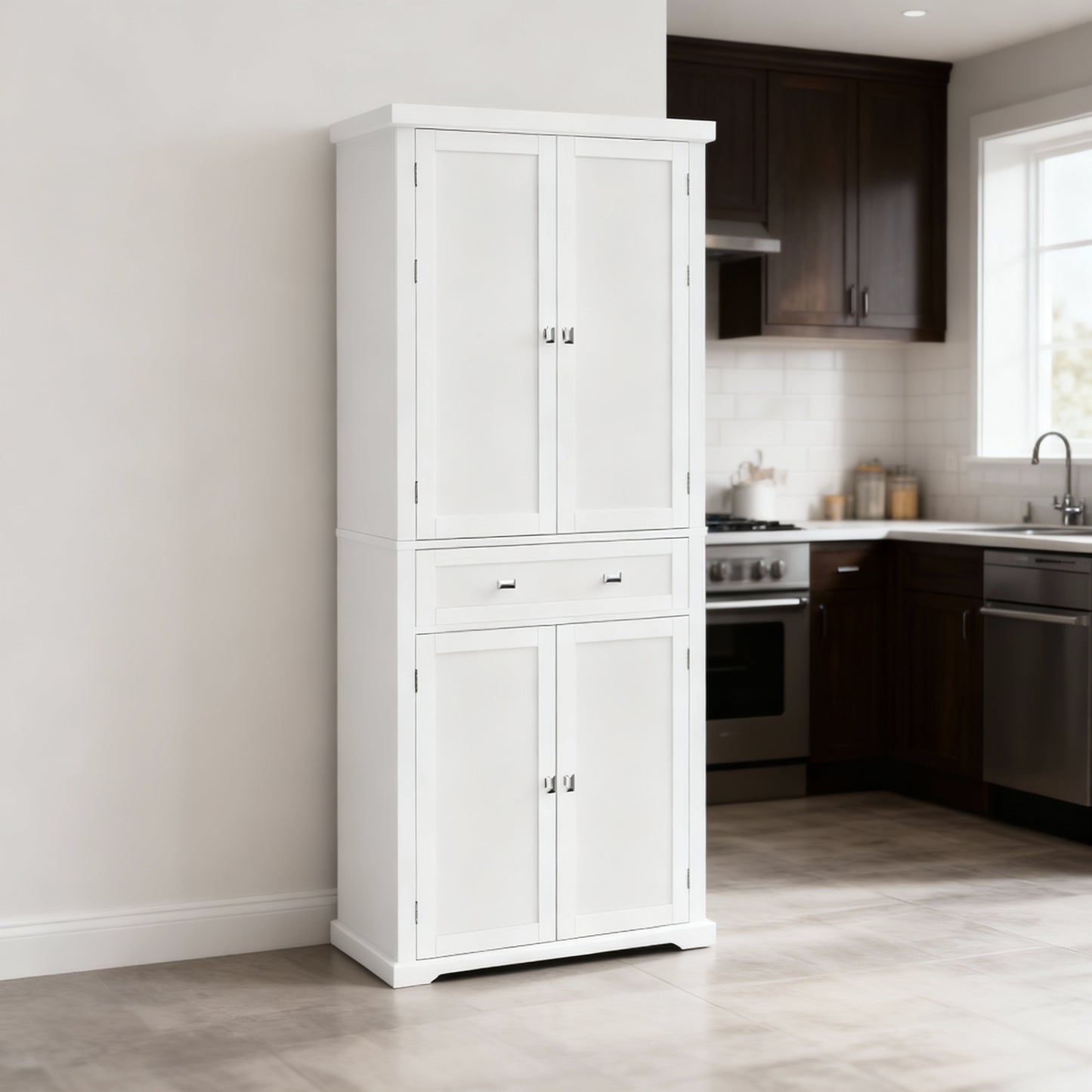 71.7-Inch Freestanding Pantry Cabinet with Adjustable Shelves, 2 Cabinets and Drawer Storage, Farmhouse Style, White