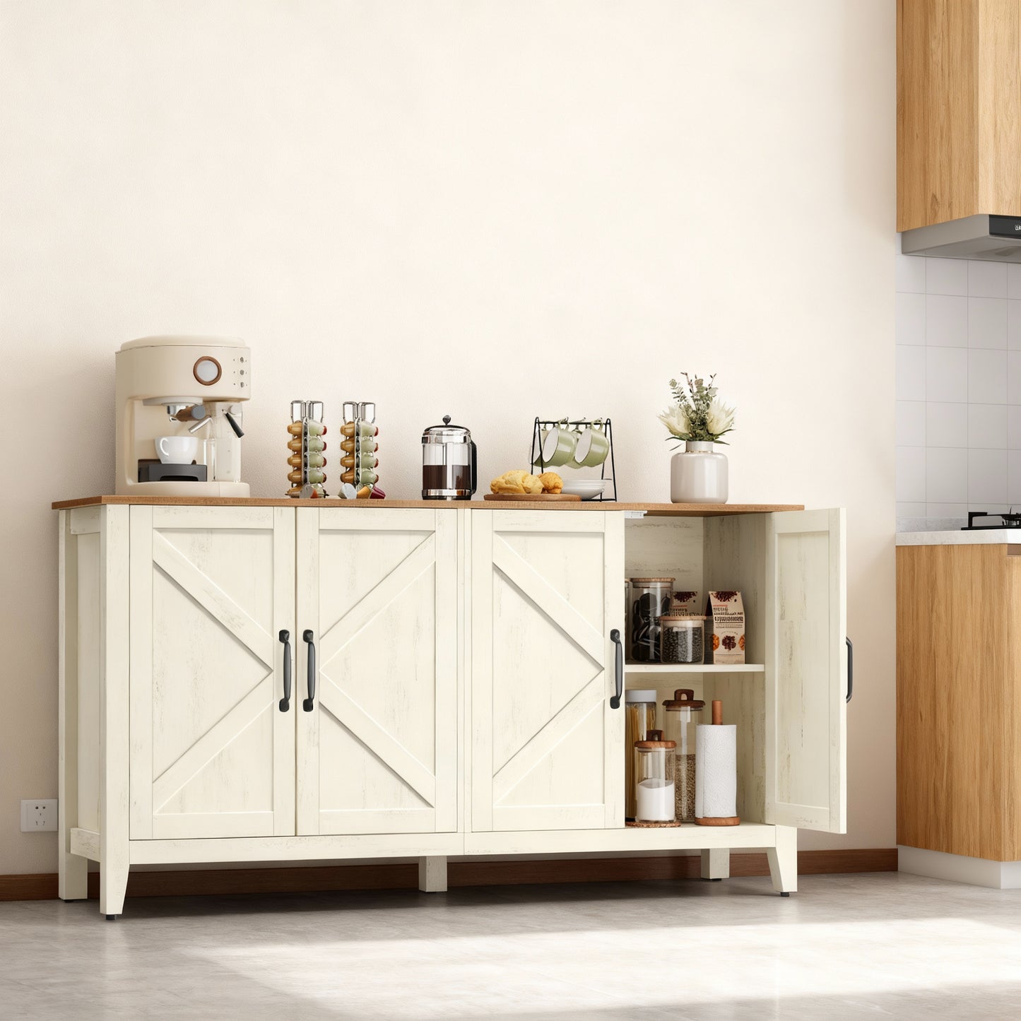 Farmhouse Buffet Cabinet, Sideboard with 4 Doors, 2 Adjustable Shelves & Cable Holes, for Living Room Entryway, Rustic White & Brown