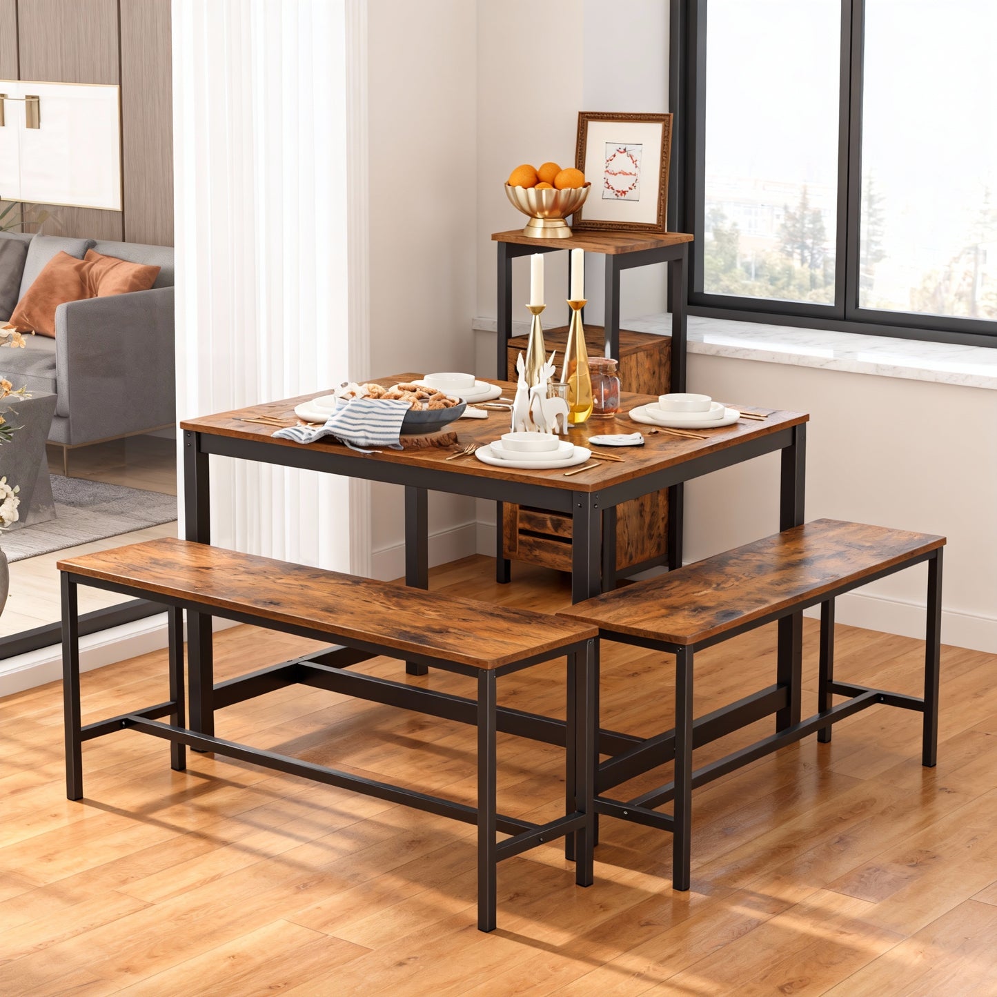 Dining Table for 4 with Industrial Metal Frame, Rustic Engineered Wood Top, Heavy-Duty Kitchen & Living Room Table, 47.2 x 29.5 x 29.5 Inches, Rustic Brown and Black