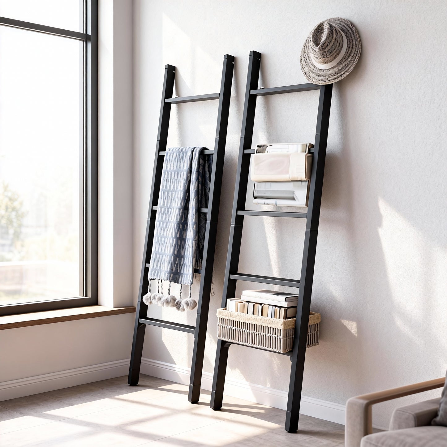 5-Tier Decorative Blanket Ladder and Ladder Shelf, Rustic Farmhouse Leaning Rack for Blankets, Towels, or Home Decor, Ebony Black