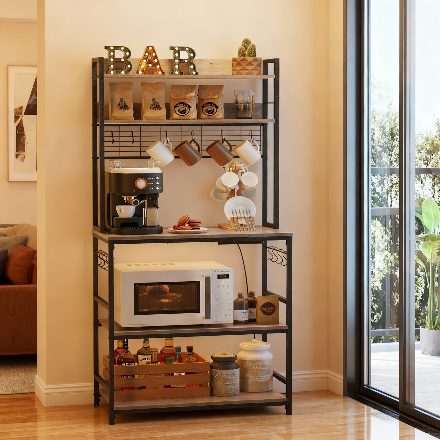 Baker’s Rack with Power Outlet, Tall Kitchen Utility Shelf with Adjustable Middle Shelf, 14 Hooks, Microwave Stand, Heather Greige and Ink Black