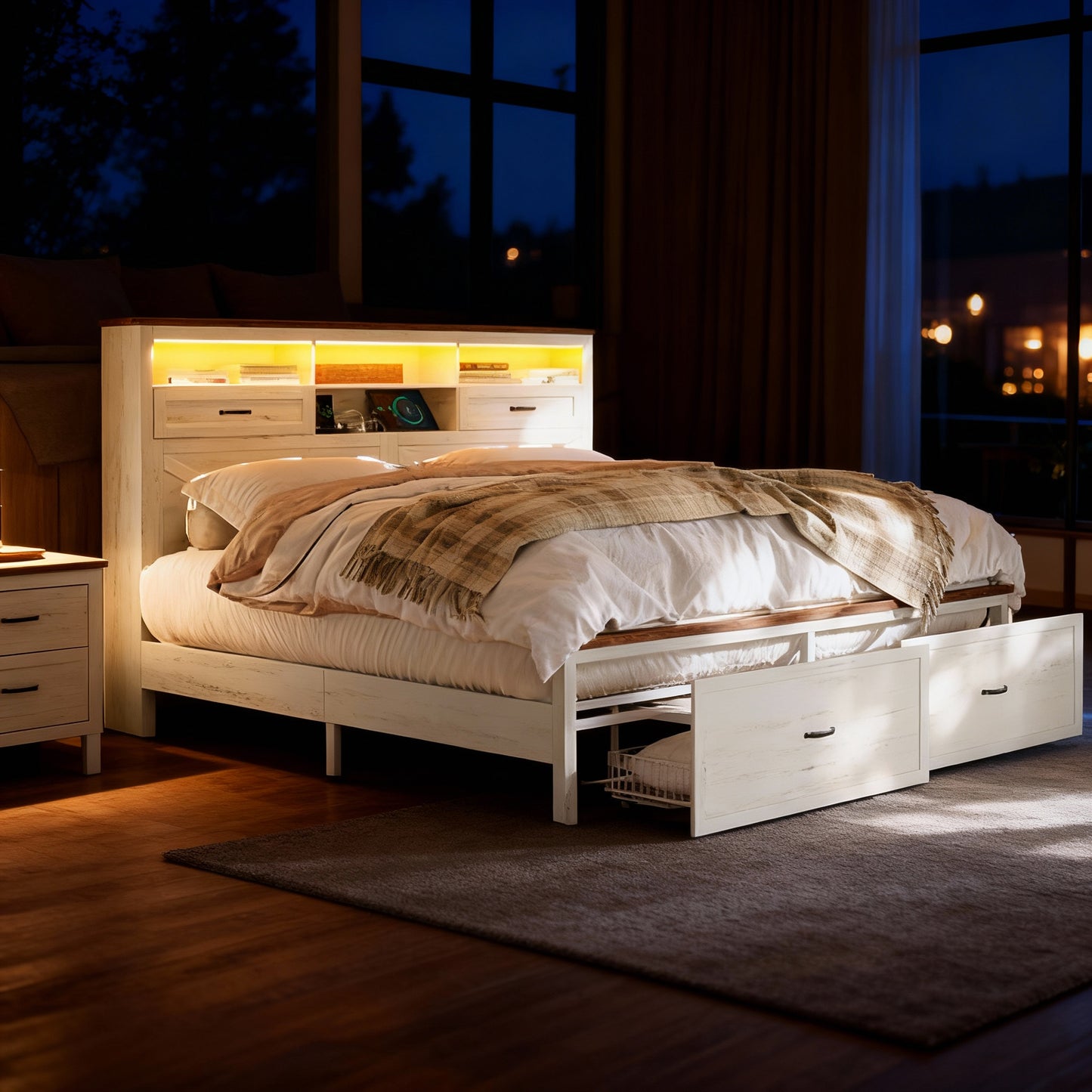 Farmhouse King Bed Frame with Storage Headboard, 4 Drawers, LED Lighting, Built-In Charging Station, Noise-Free, Rustic White