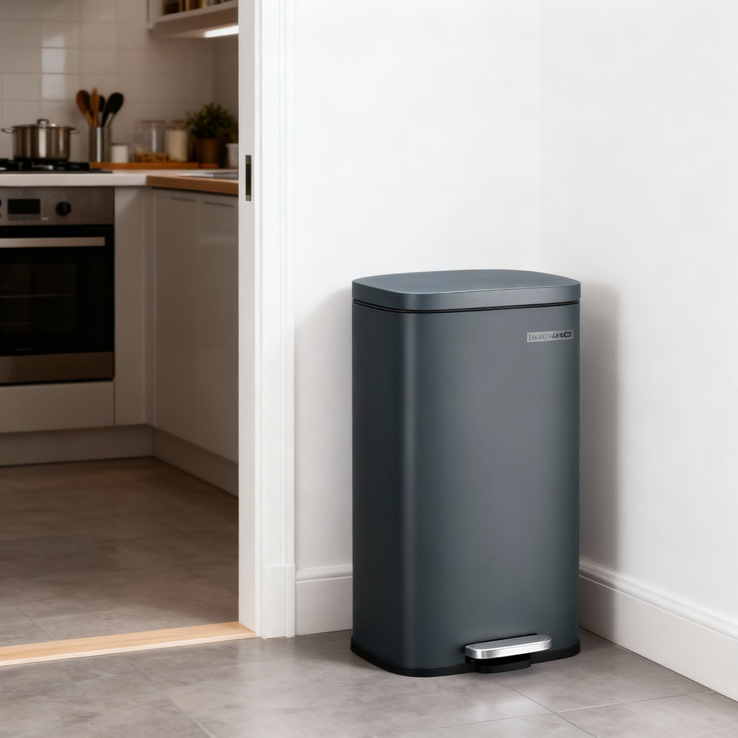 8-Gallon Stainless Steel Trash Can with Soft-Close Lid, Step Pedal, Inner Bucket, Kitchen Waste Bin, Slim Design, Greenish Gray