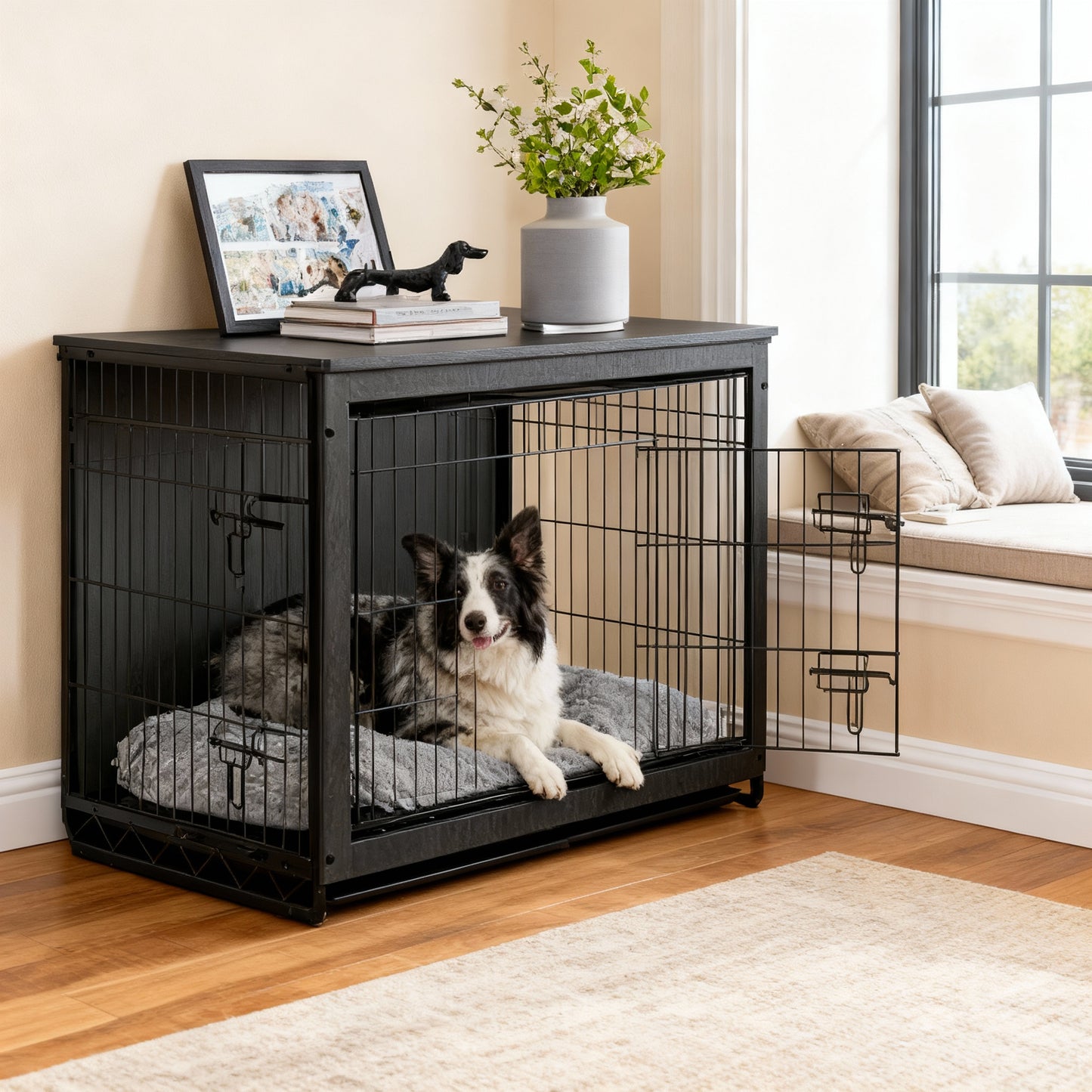 Dog Crate Furniture 38.6" Side End Table, Indoor Dog Kennel for Medium Dogs up to 70 lb, Double-Door Cage with Removable Tray, Ink Black