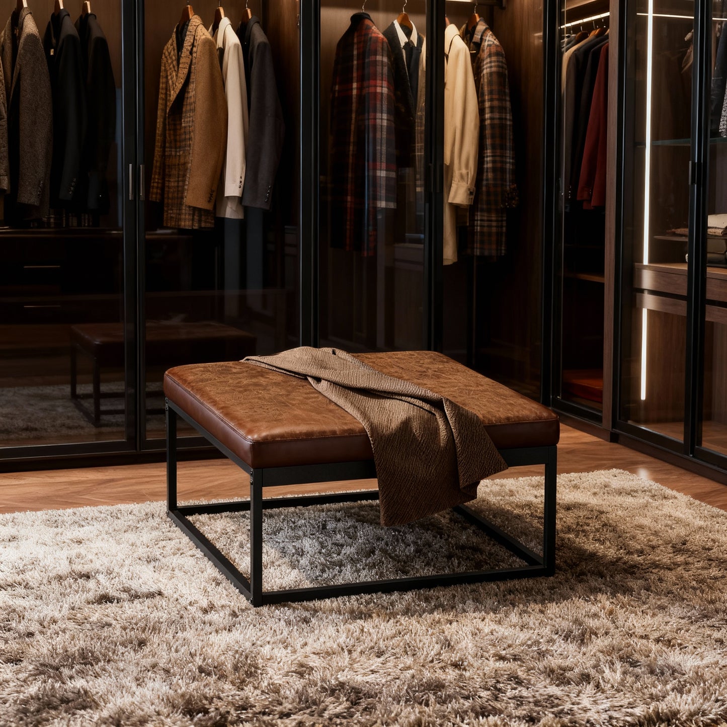 Reversible-Top Ottoman with Steel Frame and Adjustable Feet, Supports 660 lb, Multifunctional Square Coffee Table or Footstoo, Walnut Brown