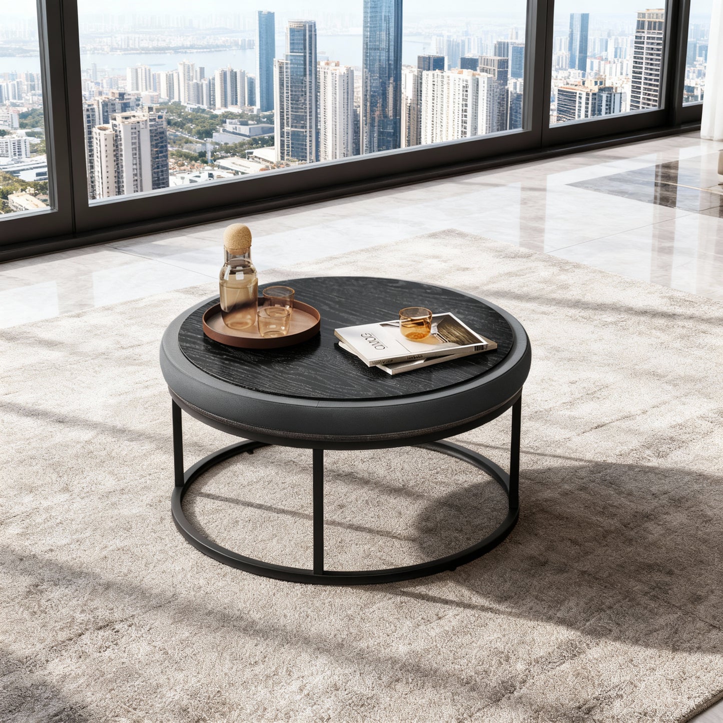 Round Ottoman Coffee Table with Reversible Top, Padded Seat, Footstool & Side Table, Steel Frame, Max 660 lb, Dove Gray