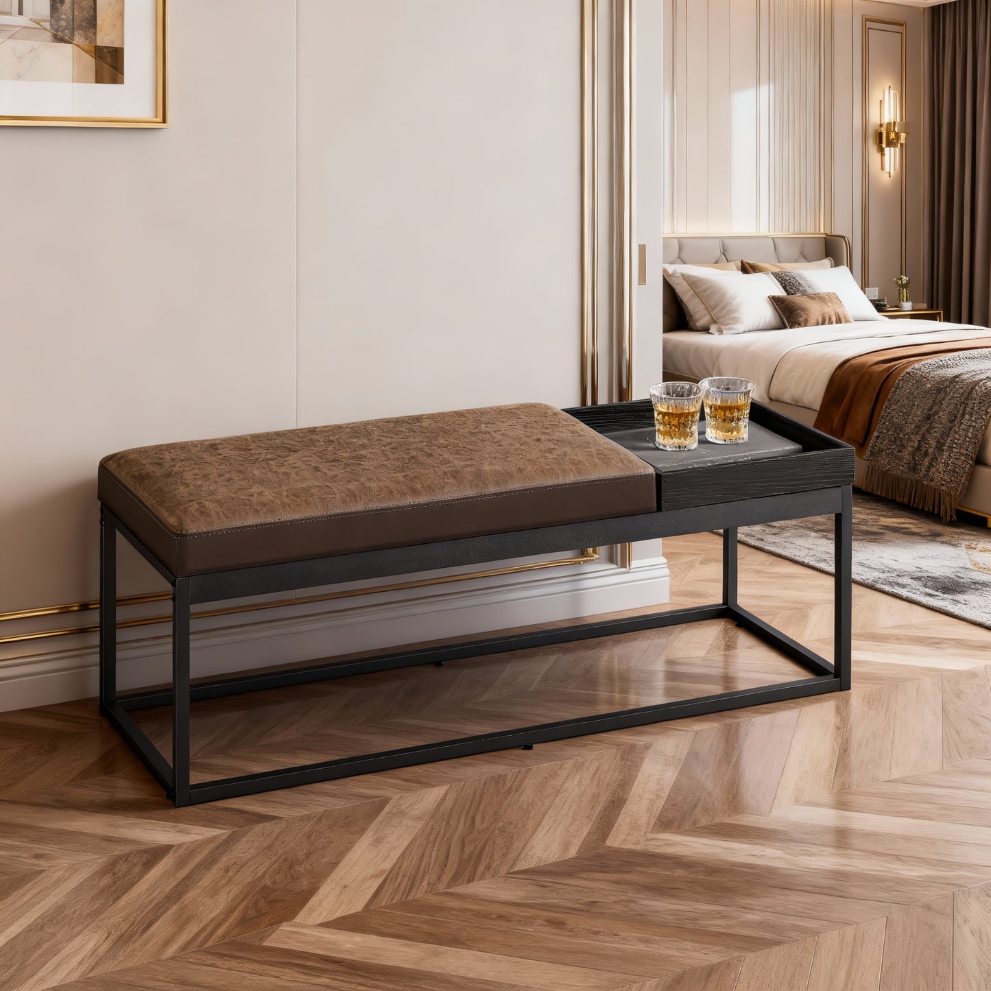 Reversible Ottoman Bench with Tray, End of Bed Seat, Shoe Storage, Steel Frame, Multi-Use Coffee Table & Footrest for Bedroom, Living Room, Walnut Brown