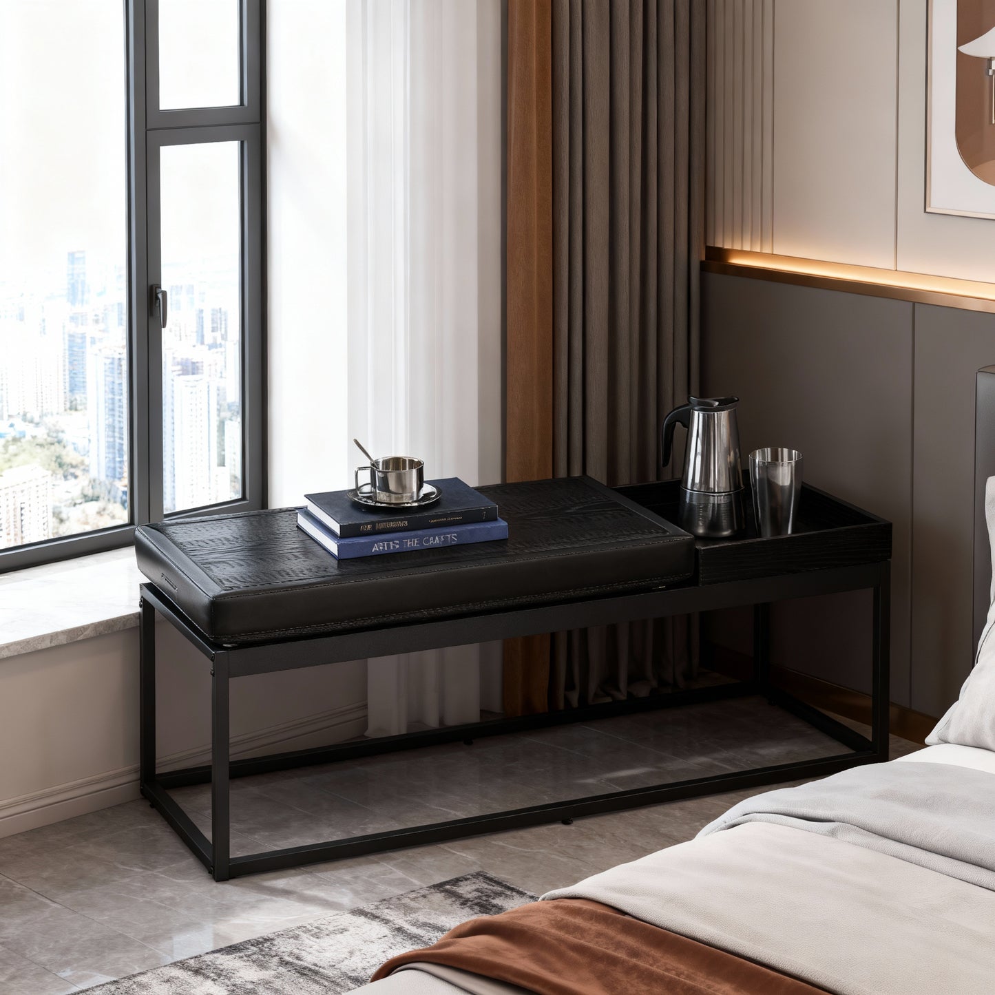 Reversible Ottoman Bench with Tray, End of Bed Seat, Shoe Storage, Steel Frame, Multi-Use Coffee Table & Footrest for Bedroom, Living Room, Ink Black