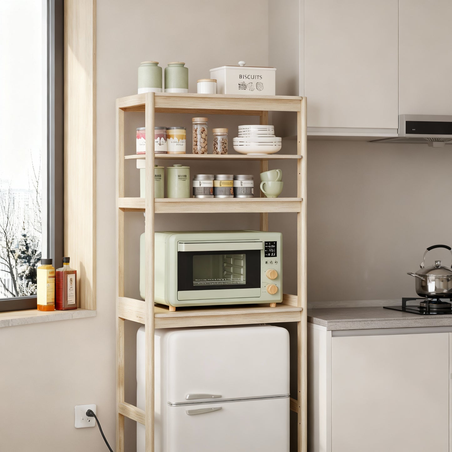 4-Tier Kitchen Bakers Rack with Power Outlet & Adjustable Shelf, Mini Fridge and Microwave Stand, 66.9 Inch Height, Natural Beige