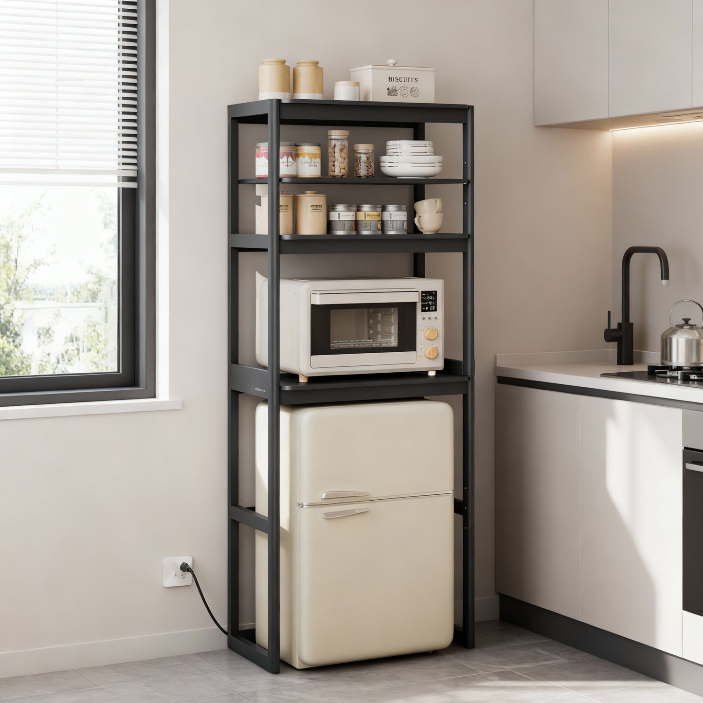 4-Tier Kitchen Bakers Rack with Power Outlet & Adjustable Shelf, Mini Fridge and Microwave Stand, 66.9 Inch Height, Ink Black