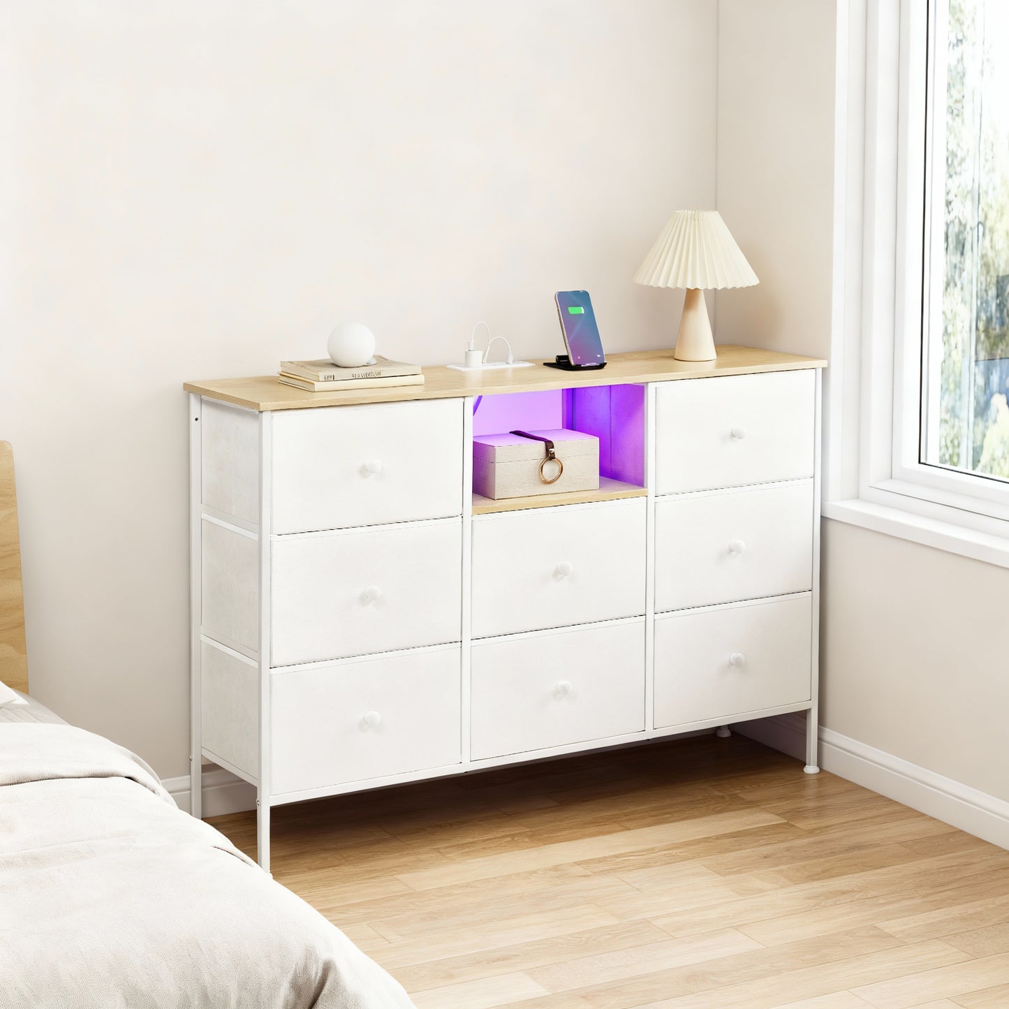 Fabric Dresser with Power Outlets and LED Lights, 8-Drawer TV Stand for up to 60” TVs, Storage Chest with Adjustable Feet, Cloud White and Oak Beige