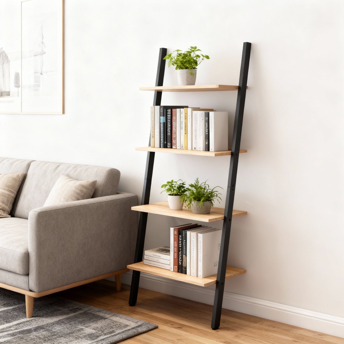 4-Tier Industrial Ladder Shelf with Wall-Mount Design, Steel Frame and Sloping Storage Levels, Greige and Black