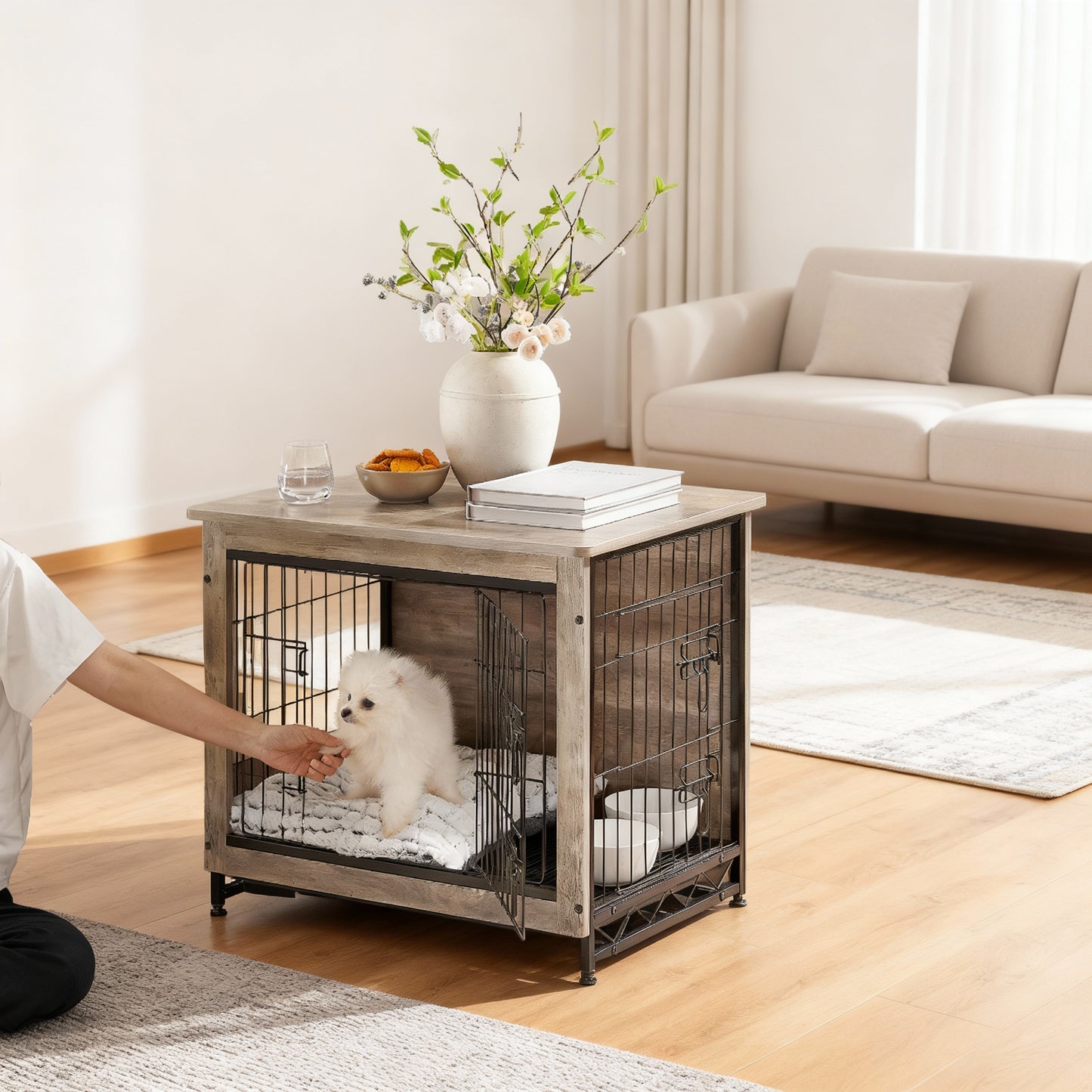 Dog Crate Furniture, 27.2-Inch Indoor Dog Kennel with Double Doors, Removable Tray, Side Table, for Small Dogs up to 30 lb, Greige
