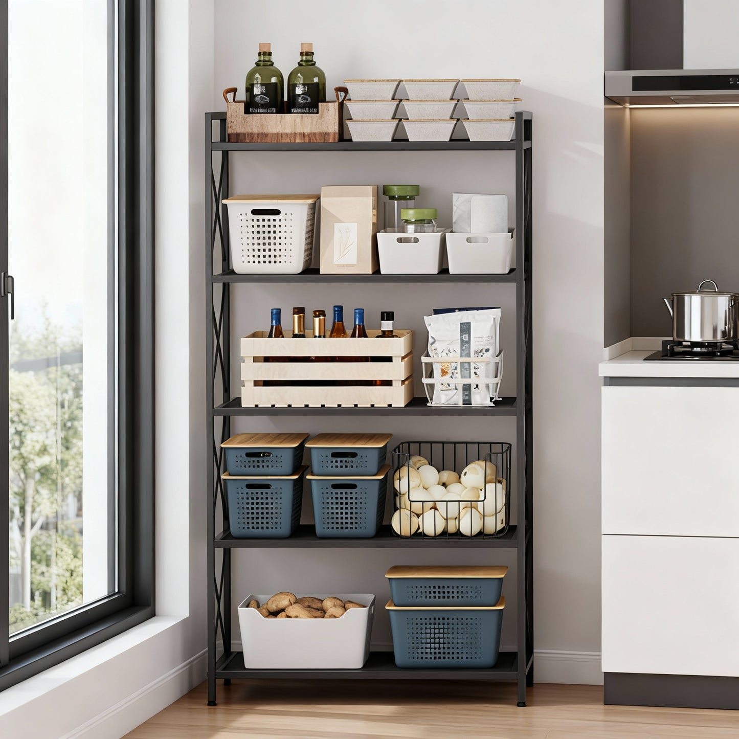 5-Tier Metal Storage Rack with X-Frame Sides, Heavy-Duty Wire Shelving Unit, Deep Organizer for Entryway Kitchen Bathroom Living Room, Industrial Ink Black