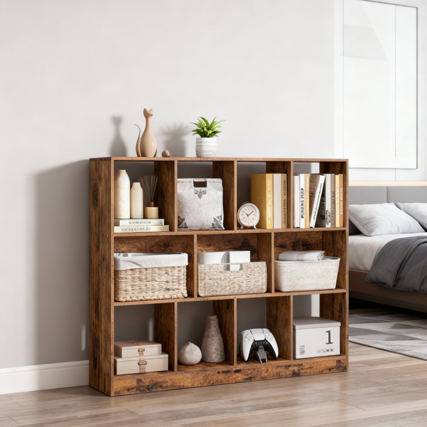 3-Tier Wide Bookshelf with Open Storage Shelves, Functional Bookcase for Living Room Home Office Dining Room, Space-Saving, Rustic Brown