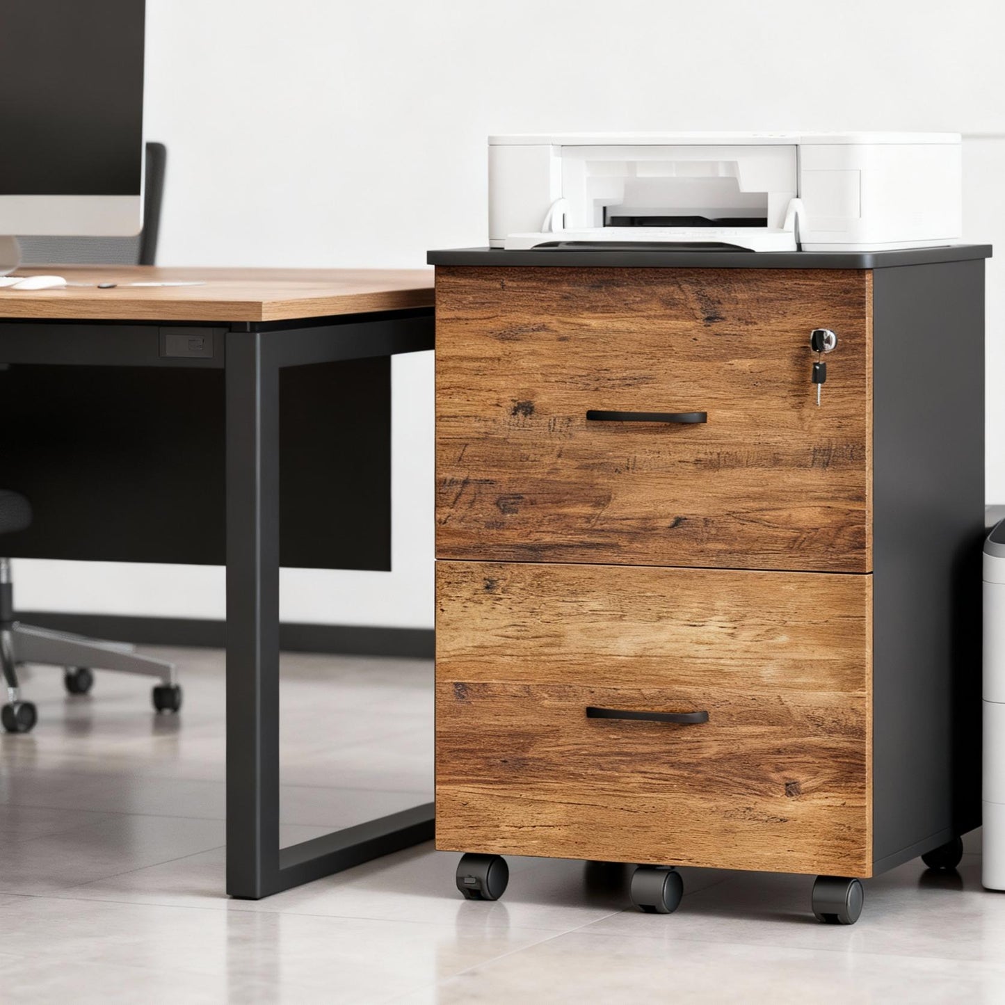 LEDREM 2-Drawer Locking File Cabinet for Home Office, Rolling Printer Stand with Swivel Wheels, Fits A4 & Letter Hanging Files, Honey Brown and Ink Black
