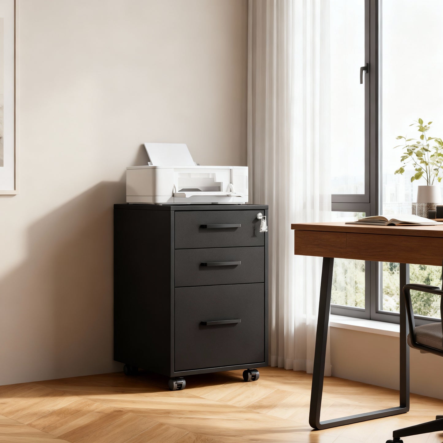 LEDREM File Cabinet with Lock, Office Filing Cabinet with 3 Drawers, Pre-Assembled Except Wheels & Handles, for A4/Legal/Letter Documents, Matte Black
