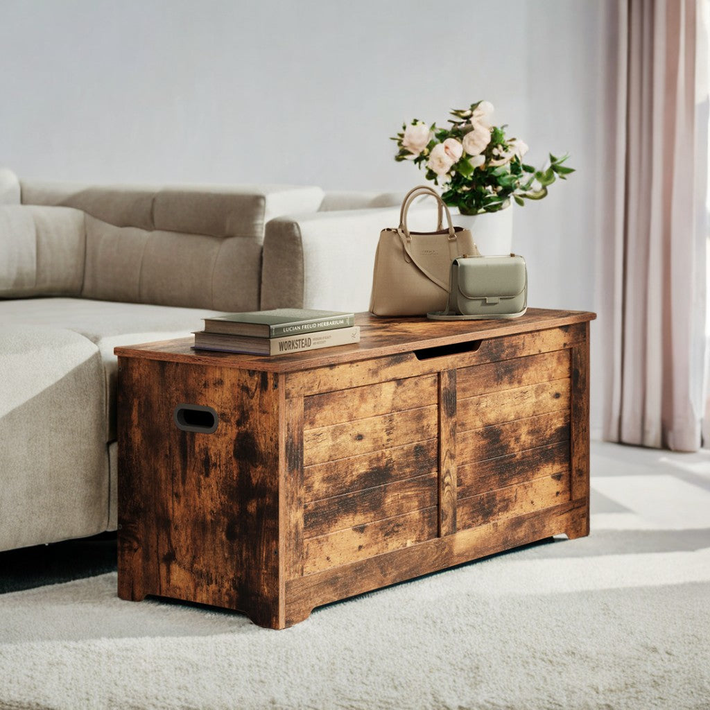 Farmhouse Style Storage Bench with 2 Safety Hinges, 300lb Capacity, Entryway, Bedroom, Living Room Organizer, Rustic Brown