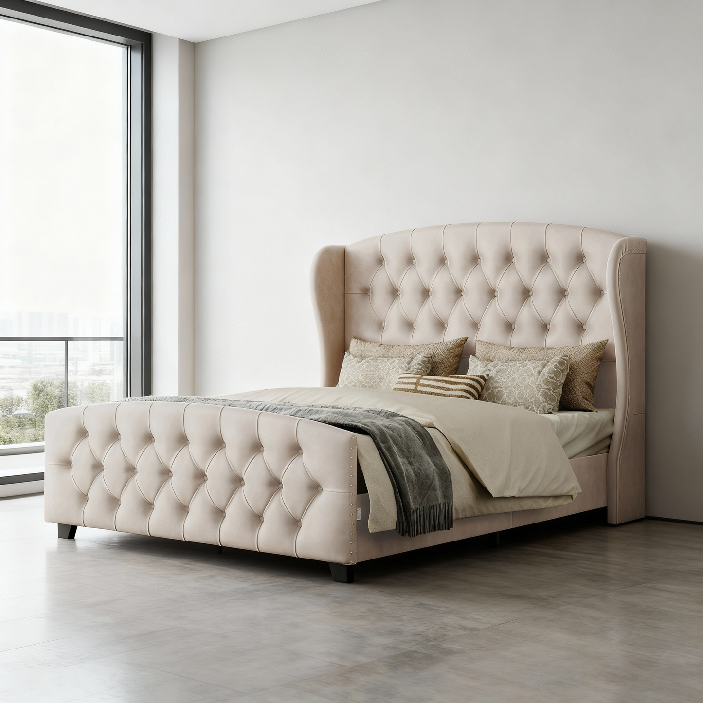 Queen Size Upholstered Platform Bed Frame, 50-Inch Tall Wingback Tufted Headboard & 25-Inch Footboard, 1000 lb Capacity, Cappuccino Beige