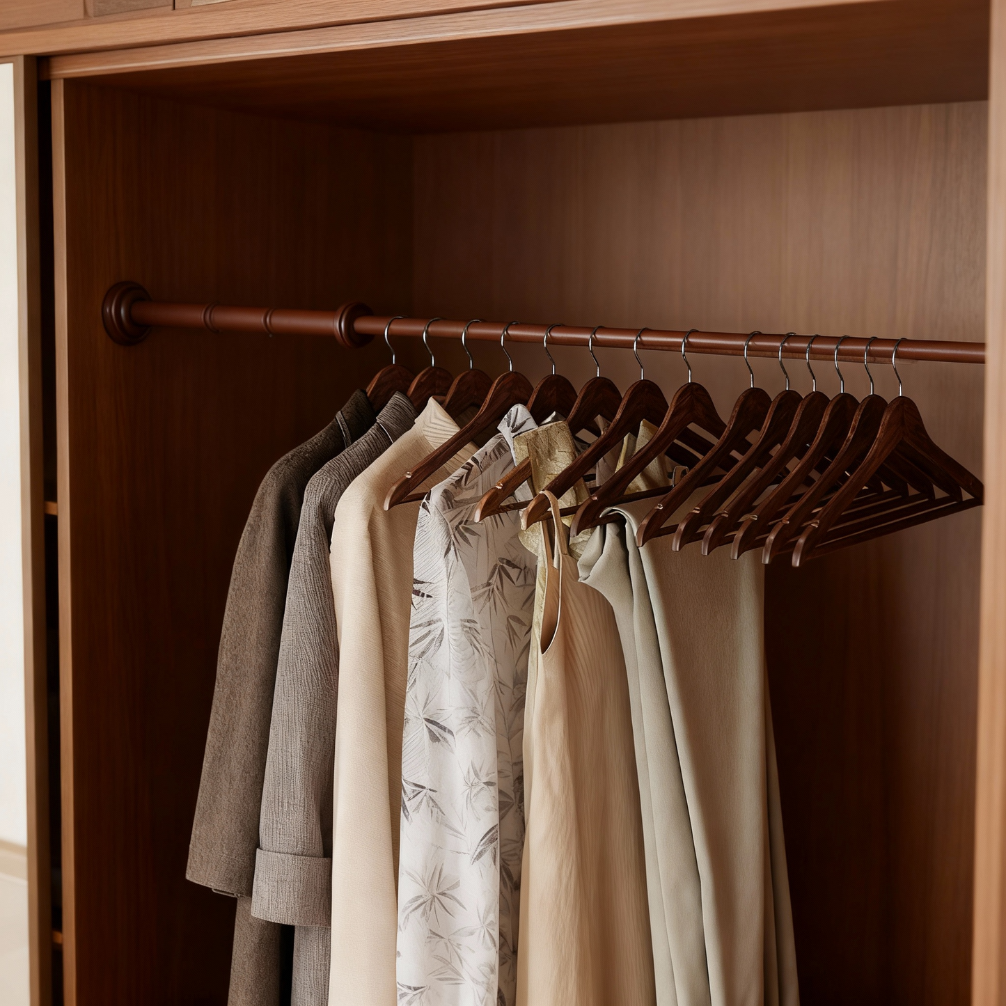 Pack of 30 Solid Birch Wood Hangers with Pants Bar, 0.3-Inch Slim Coat Hangers with 360° Swivel Hooks, Walnut Brown