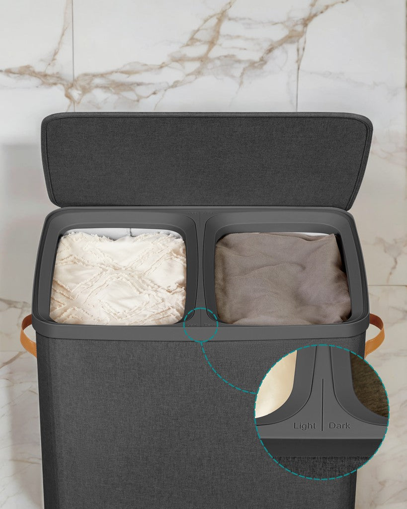 Laundry Hamper, 2-Compartment Clothes Sorter with Removable Inner Bags, Foldable Design, 44.9 Gal Capacity, Dust-Proof Lid & Handles, for Home & Laundry Room, Ink Black
