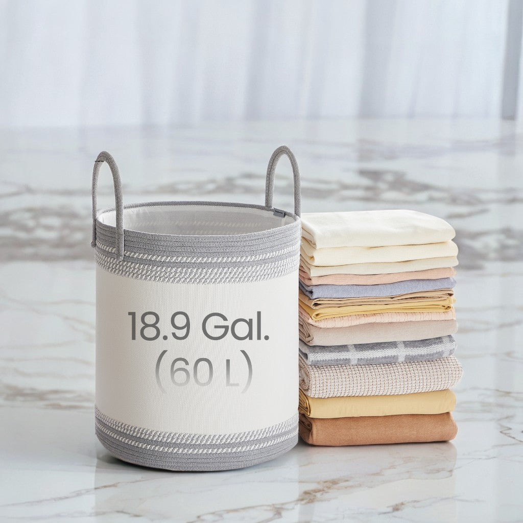 Laundry Hamper with Drawstring Lid, 60L (18.9 Gal) Large Capacity, Sturdy Poly-Cotton Blend & Reinforced Handles, for Clothes, Blankets, Bedroom, Living Room, Dove Gray