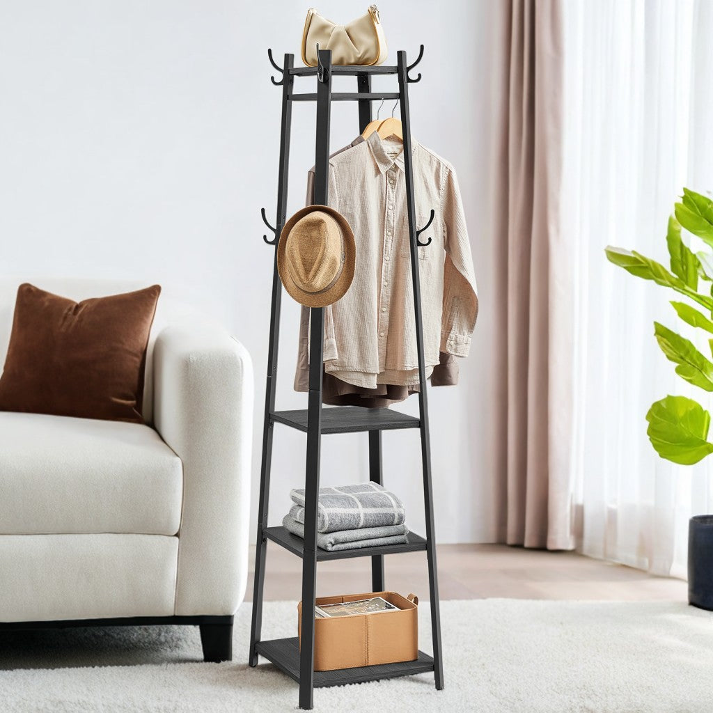 Industrial Coat Rack Stand with 3-Tier Shelves, Hanging Rods & Hooks for Jackets, Bags, Entryway Storage, Free-Standing Steel Frame, Charcoal Gray