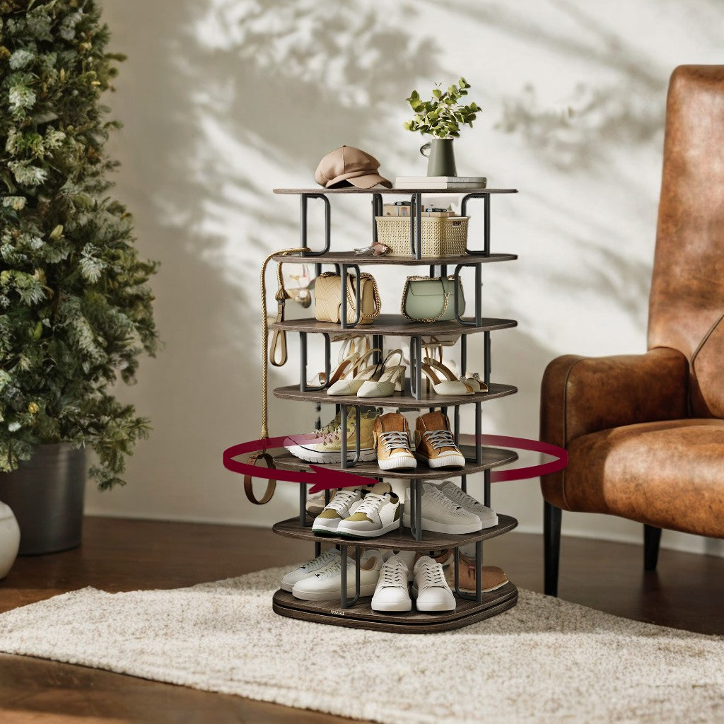 360° Rotating Shoe Rack – 5-Tier Freestanding Storage Organizer for 28+ Pairs, Entryway,Closet, Sturdy Steel & Particleboard, Ash Brown
