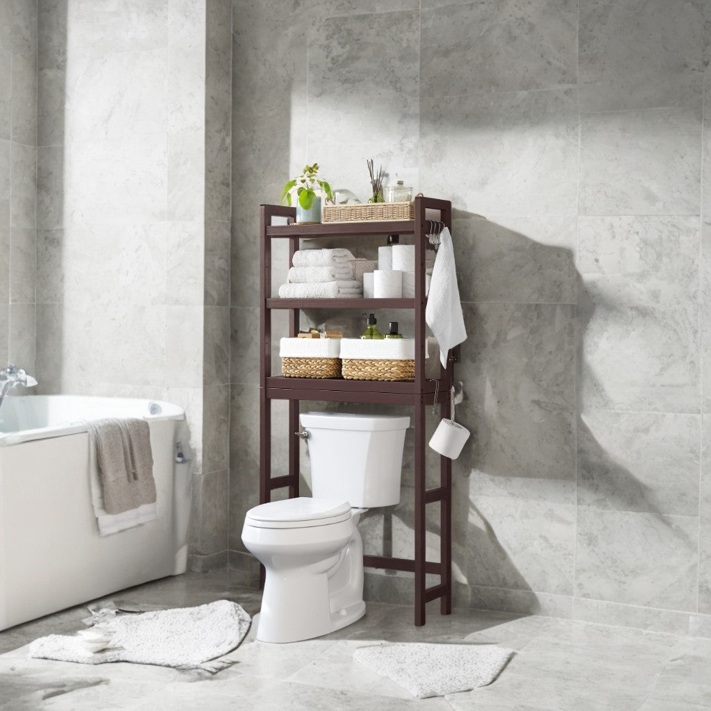 3-Tier Over-The-Toilet Storage Shelf with Adjustable Middle Tier, 4 Hooks & TP Holder,Space-Saving Bathroom Organizer for Towels, Toiletries , Brown