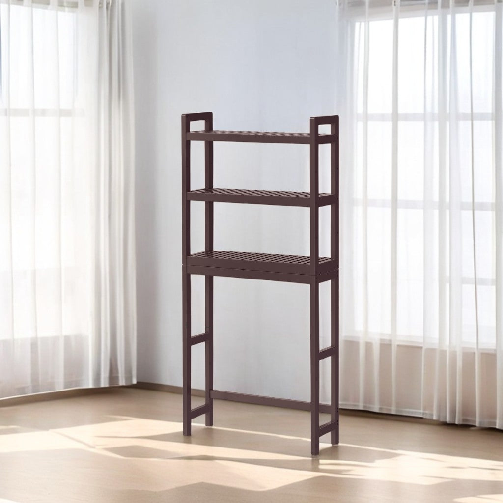 3-Tier Over-The-Toilet Storage Shelf with Adjustable Middle Tier, 4 Hooks & TP Holder,Space-Saving Bathroom Organizer for Towels, Toiletries , Brown