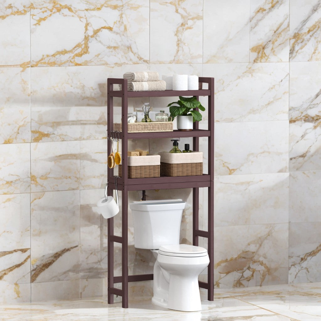 3-Tier Over-The-Toilet Storage Shelf with Adjustable Middle Tier, 4 Hooks & TP Holder,Space-Saving Bathroom Organizer for Towels, Toiletries , Brown