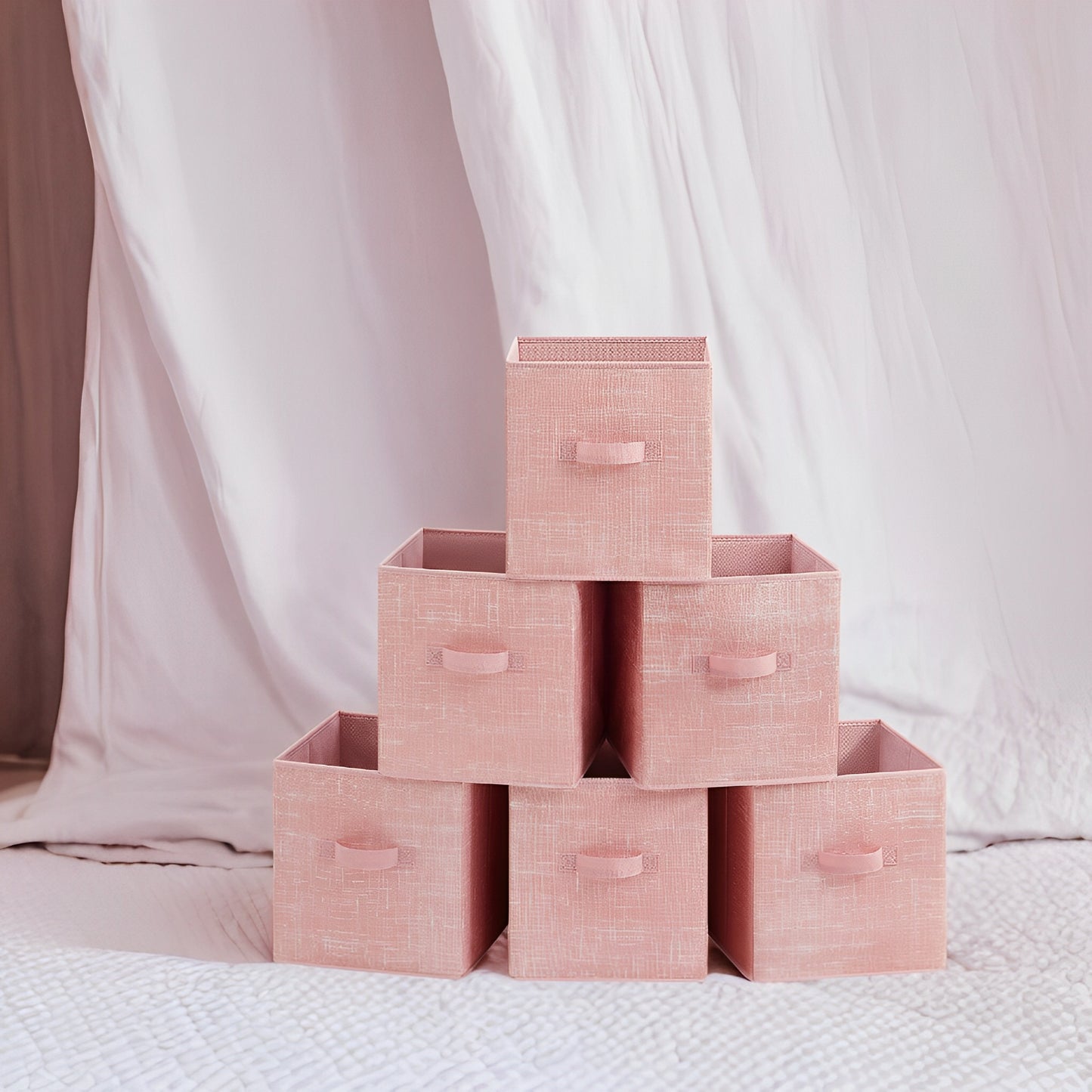 Storage Cube Organizer - 6-Pack Foldable Fabric Bins with Handles, 11" Shelving System for Kids' Toys, Clothes, Jelly Pink