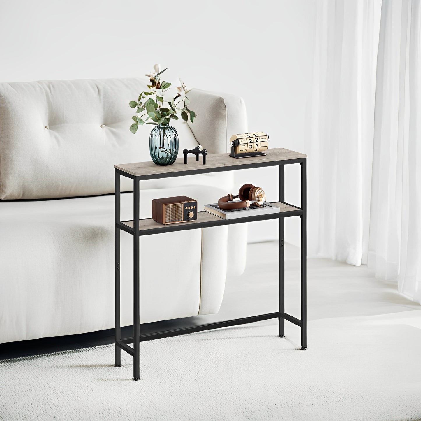 31.5" Modern Console Table, 2-Tier Narrow Sofa Table with Adjustable Feet, Entryway Shelf, Heather Greige and Black