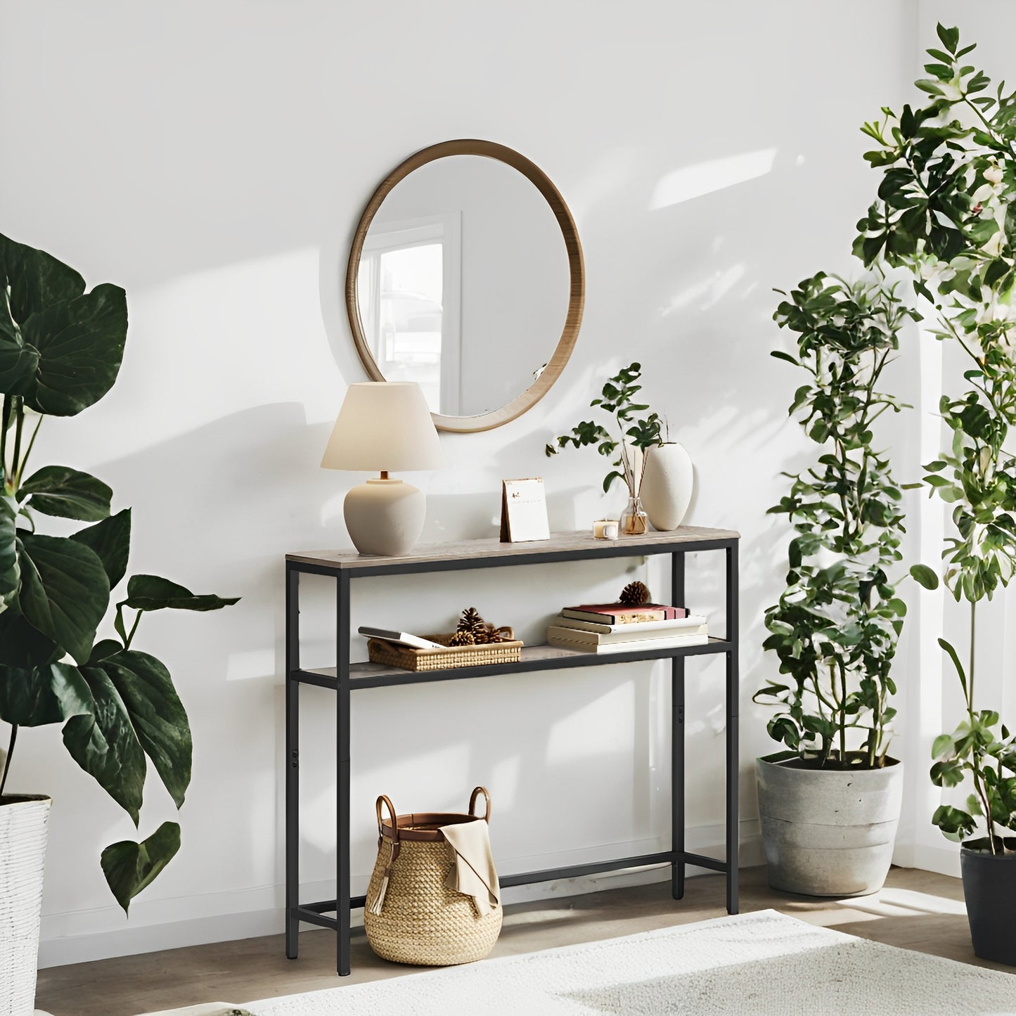 31.5" Modern Console Table, 2-Tier Narrow Sofa Table with Adjustable Feet, Entryway Shelf, Heather Greige and Black