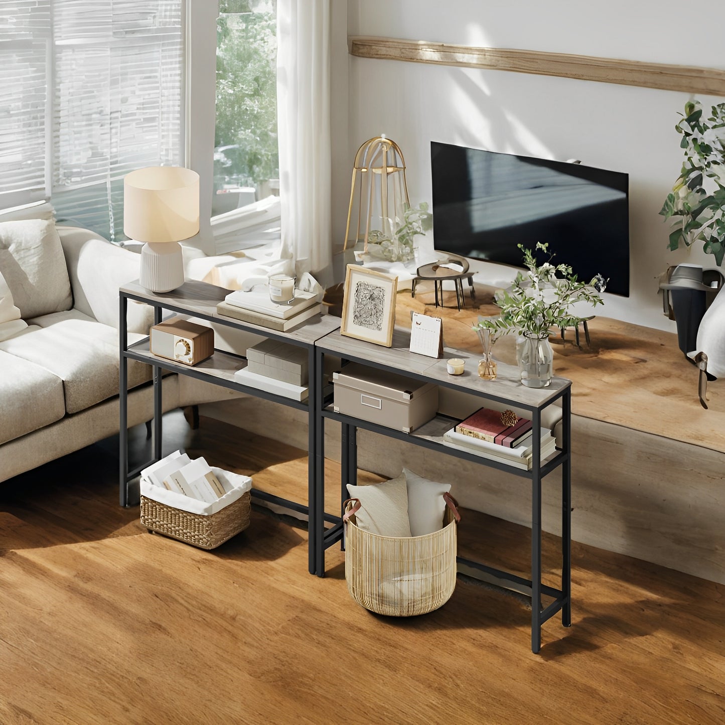 31.5" Modern Console Table, 2-Tier Narrow Sofa Table with Adjustable Feet, Entryway Shelf, Heather Greige and Black