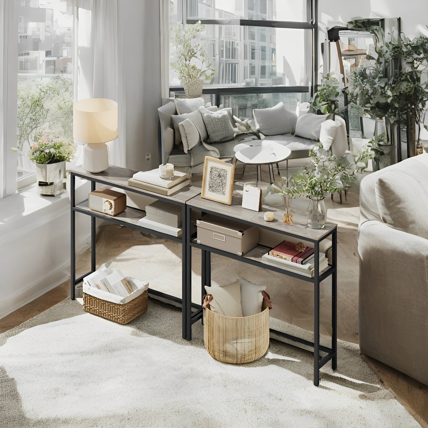 31.5" Modern Console Table, 2-Tier Narrow Sofa Table with Adjustable Feet, Entryway Shelf, Heather Greige and Black
