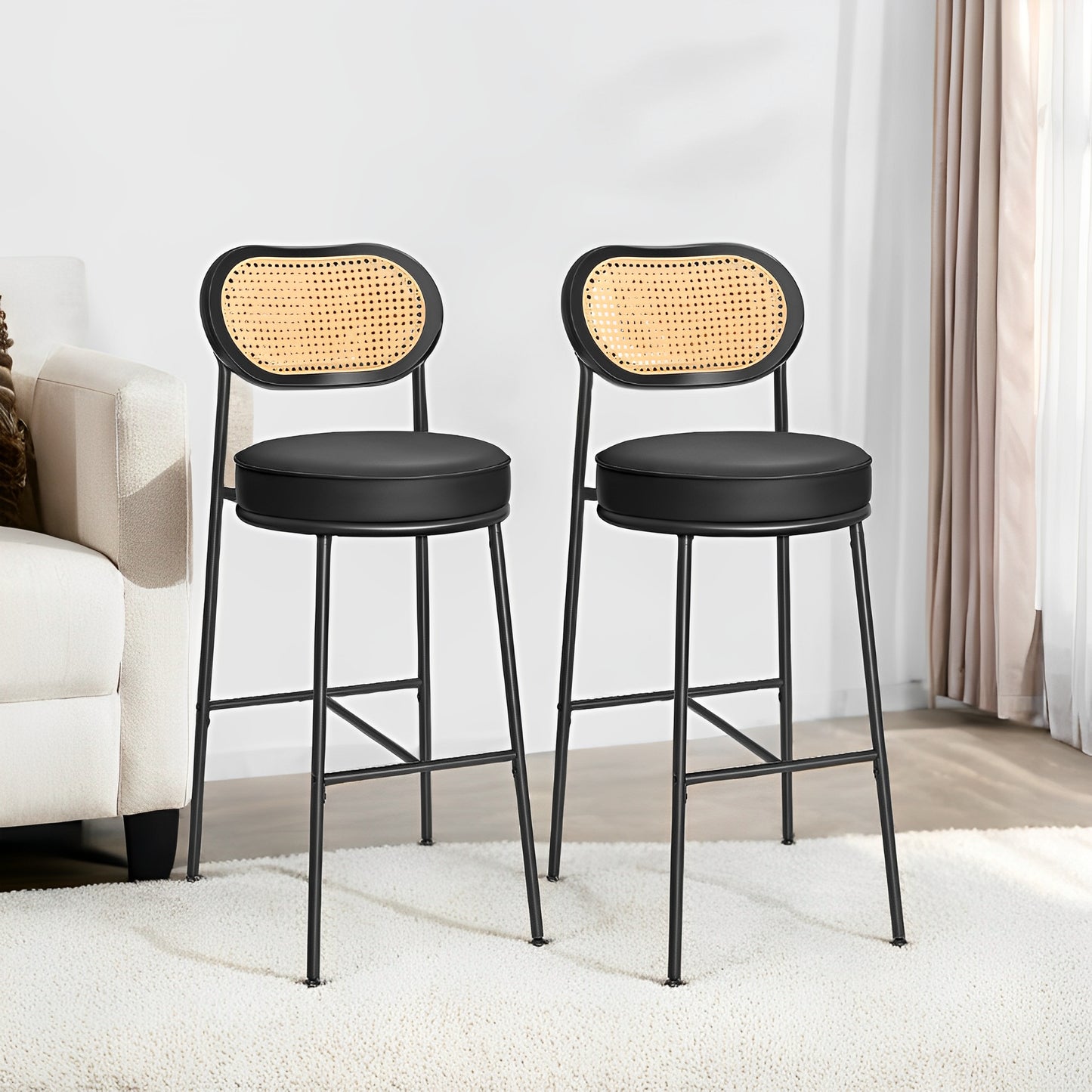 Set of 2 Modern Bar Stools with Rattan Back & Metal Legs, 30.1-Inch Tall Leather Upholstered Counter Stools for Kitchen Island, Brown