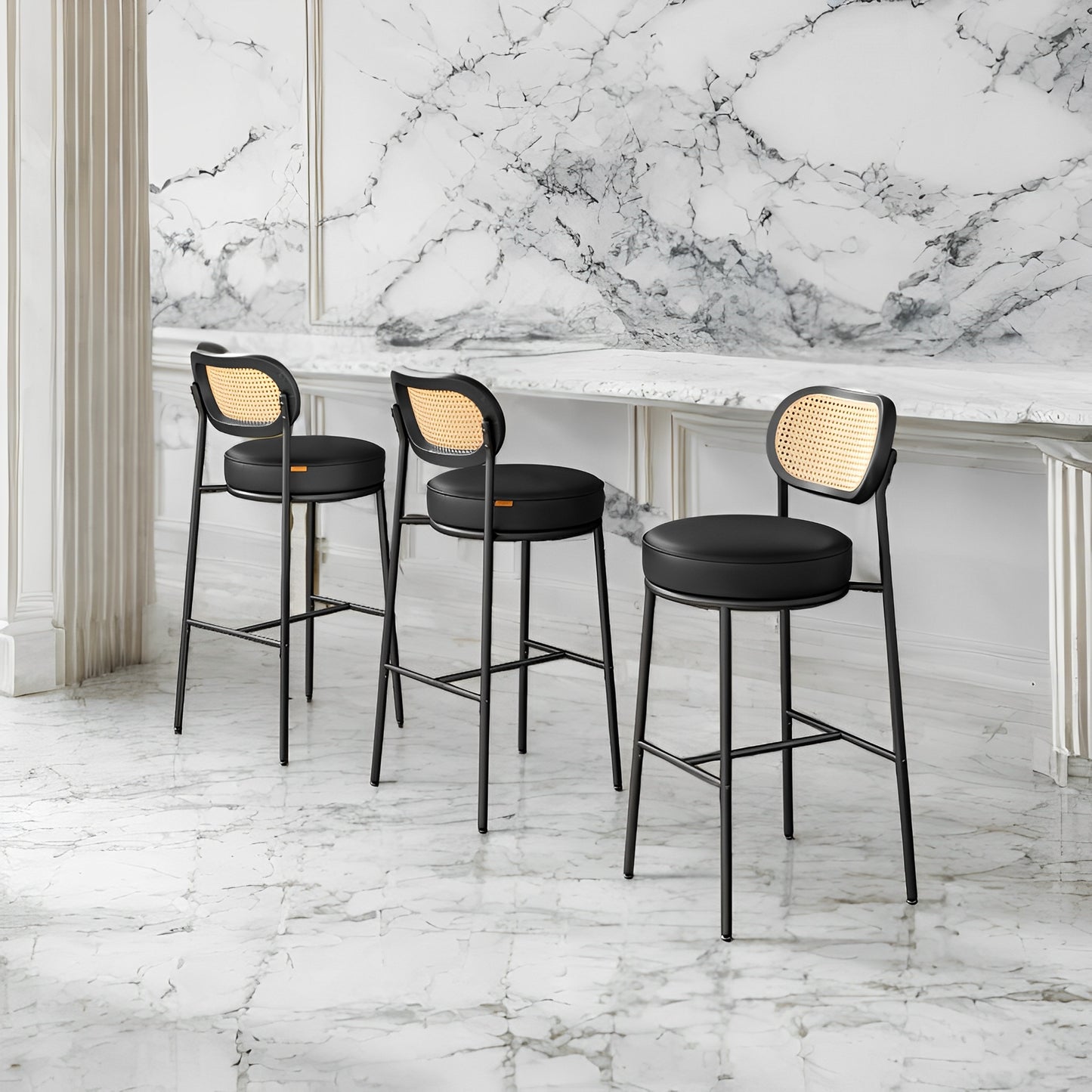 Set of 2 Modern Bar Stools with Rattan Back & Metal Legs, 30.1-Inch Tall Leather Upholstered Counter Stools for Kitchen Island, Brown