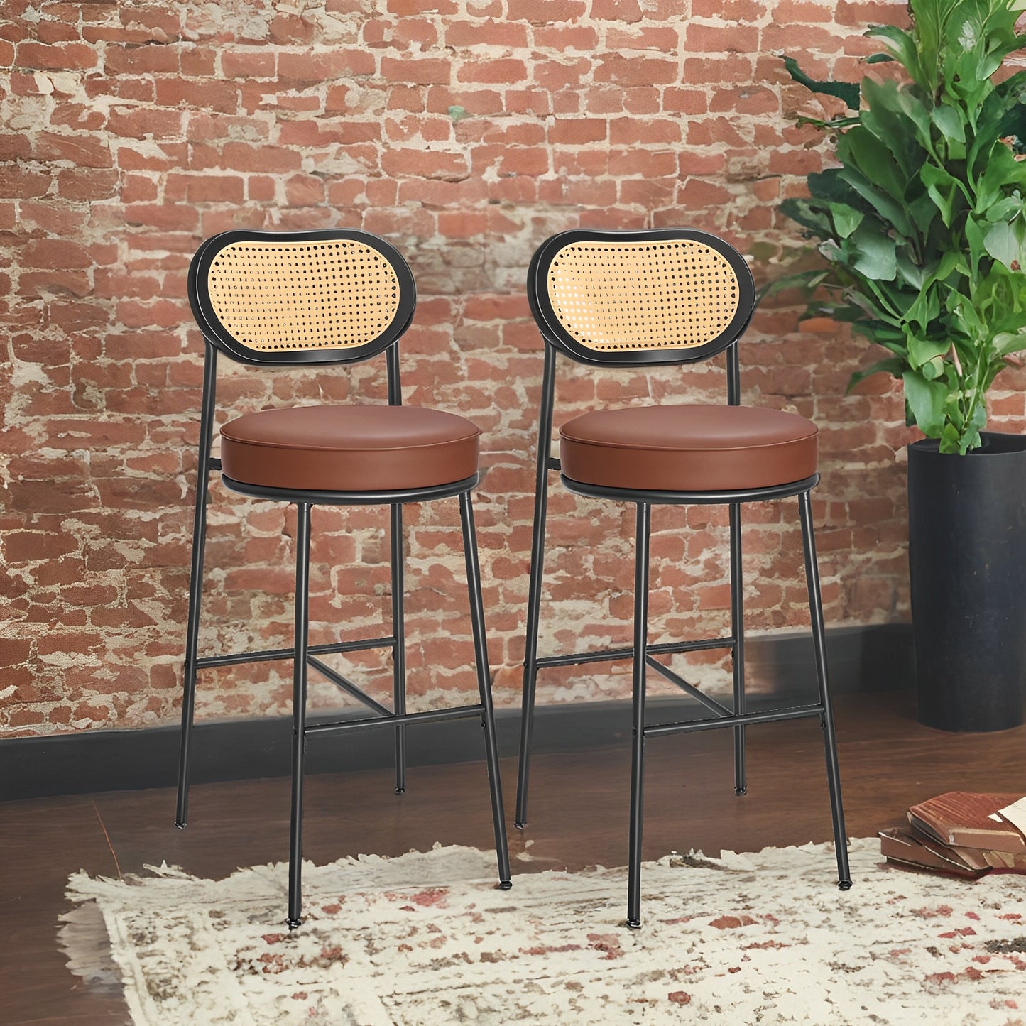 Modern Bar Stools Set of 2 with Rattan Back & Metal Base, 30.1 Inch Tall Leather Upholstered Counter Stools, Brown